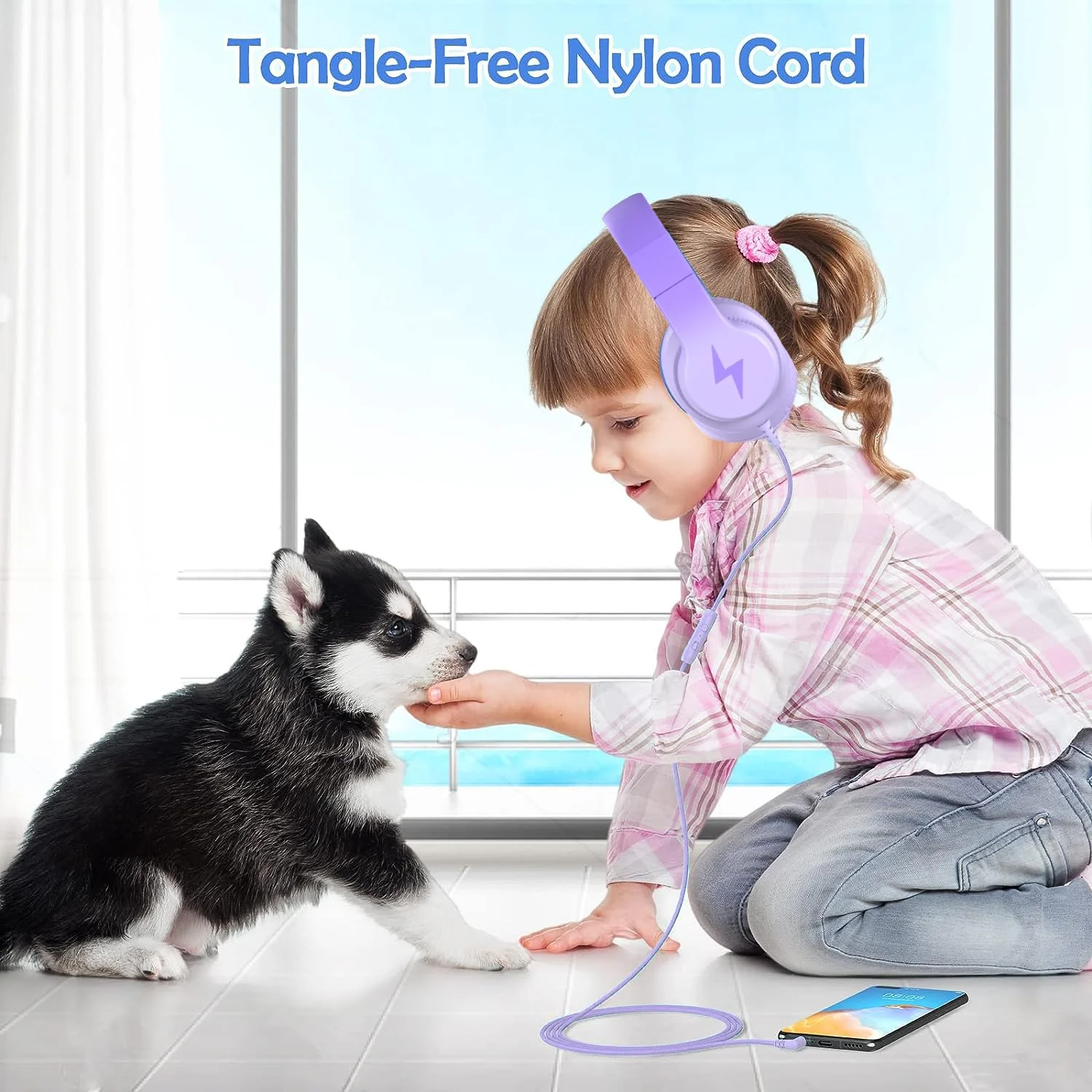 Kids Headphones, Wired Headphones for Kids with Microphone, 85/94dB Volume Limiter Headphones for Girls Boys with Sharing Jack, Foldable Headphones for Online Study, Gradient Deep Purple - Image 2