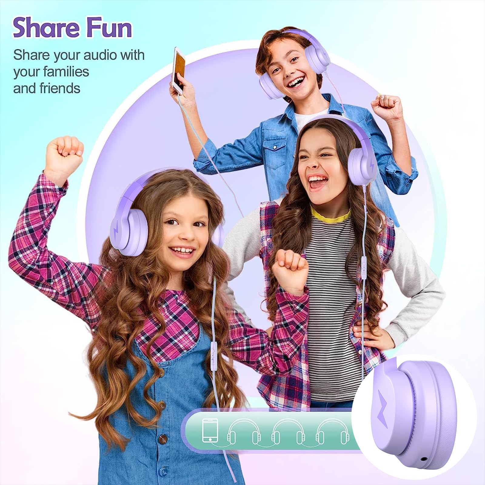 Kids Headphones, Wired Headphones for Kids with Microphone, 85/94dB Volume Limiter Headphones for Girls Boys with Sharing Jack, Foldable Headphones for Online Study, Gradient Deep Purple - Image 4