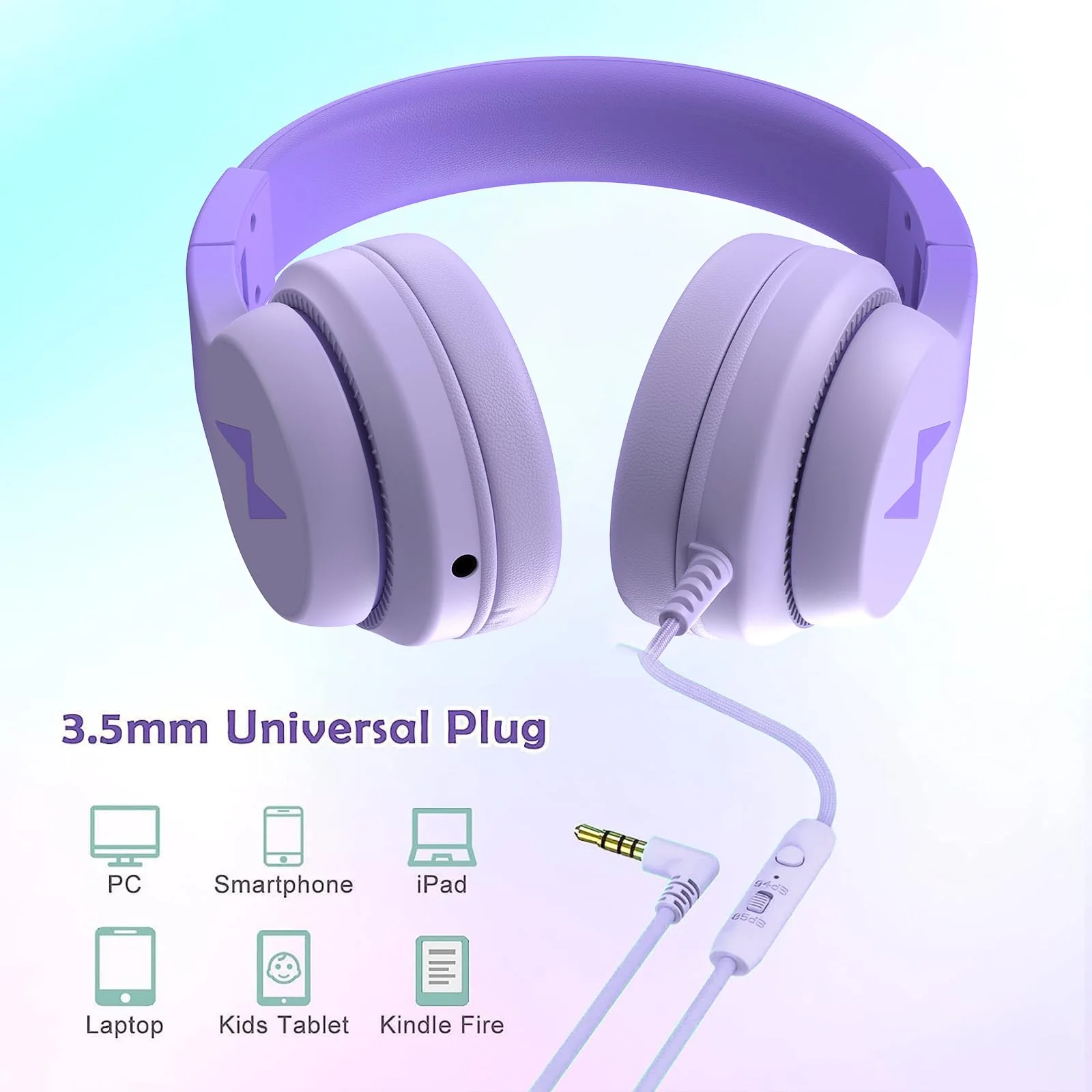 Kids Headphones, Wired Headphones for Kids with Microphone, 85/94dB Volume Limiter Headphones for Girls Boys with Sharing Jack, Foldable Headphones for Online Study, Gradient Deep Purple - Image 6