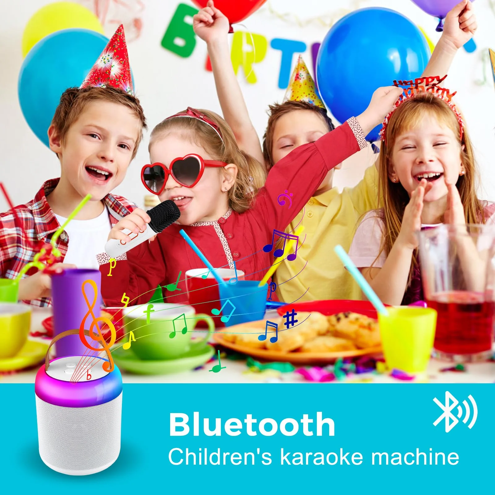 Kids Karaoke Machine, Portable Bluetooth Speaker with 2 Wireless Microphones, Dynamic Lights Karaoke Machine for Kids, Birthday Party Home, Outdoor(White) - Image 5