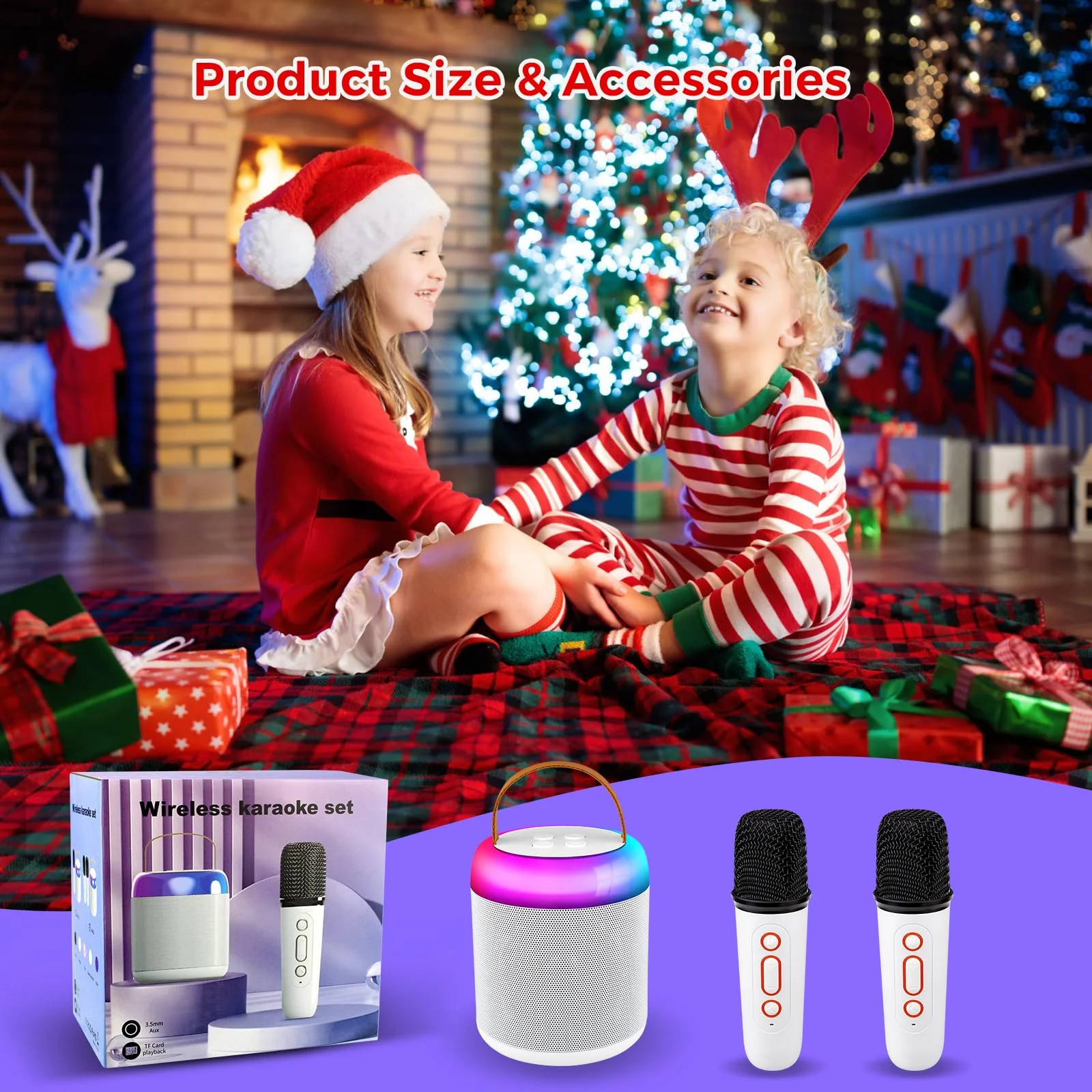 Kids Karaoke Machine, Portable Bluetooth Speaker with 2 Wireless Microphones, Dynamic Lights Karaoke Machine for Kids, Birthday Party Home, Outdoor(White) - Image 6