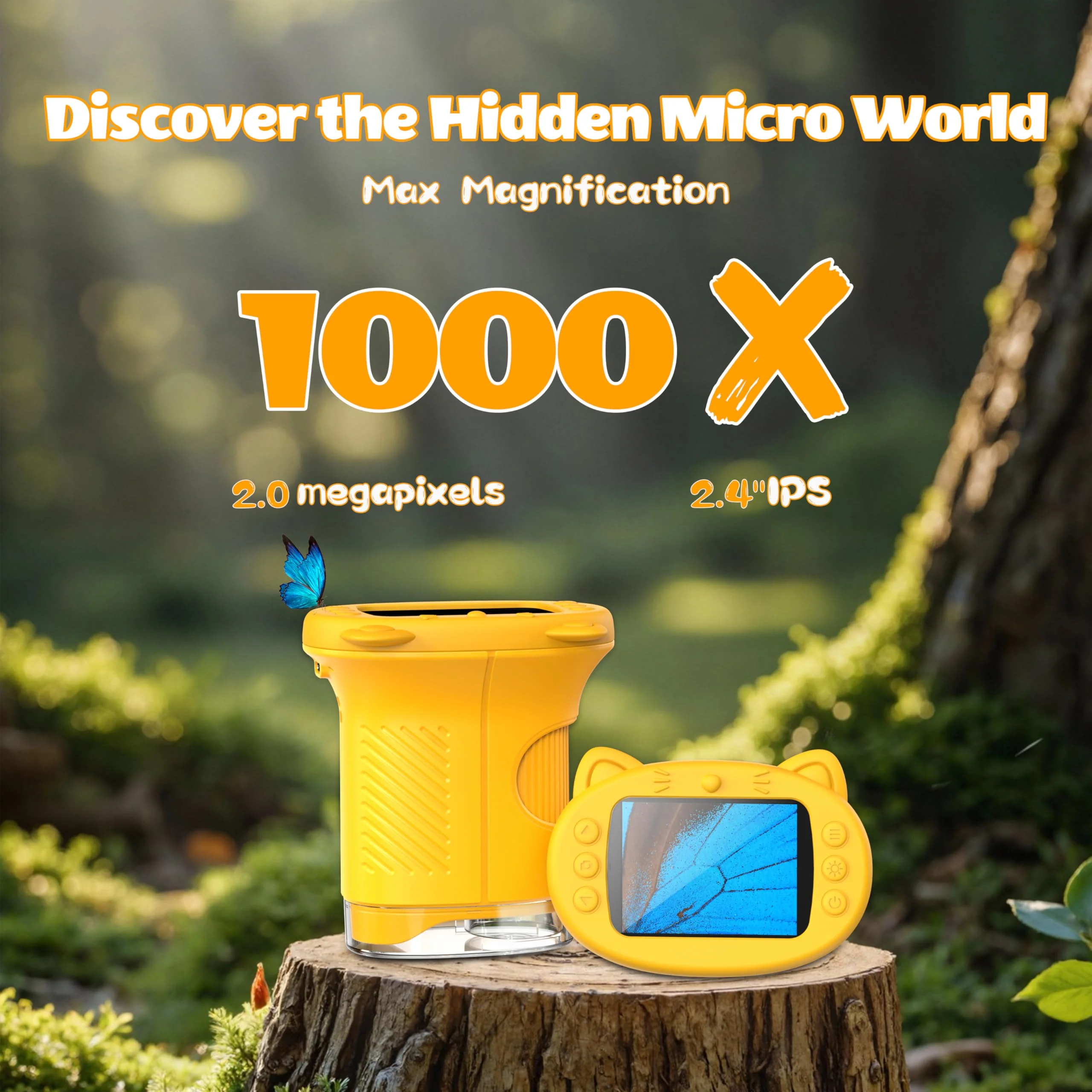 Kids Microscope, 1000X Portable Mini Pocket Microscope with 2.4″ IPS Screen & 8 LEDs, Rechargeable, STEM Educational Science Kit Toys, Best Christmas Birthday Gifts for 4-12 Year Old Girls Yellow - Image 2