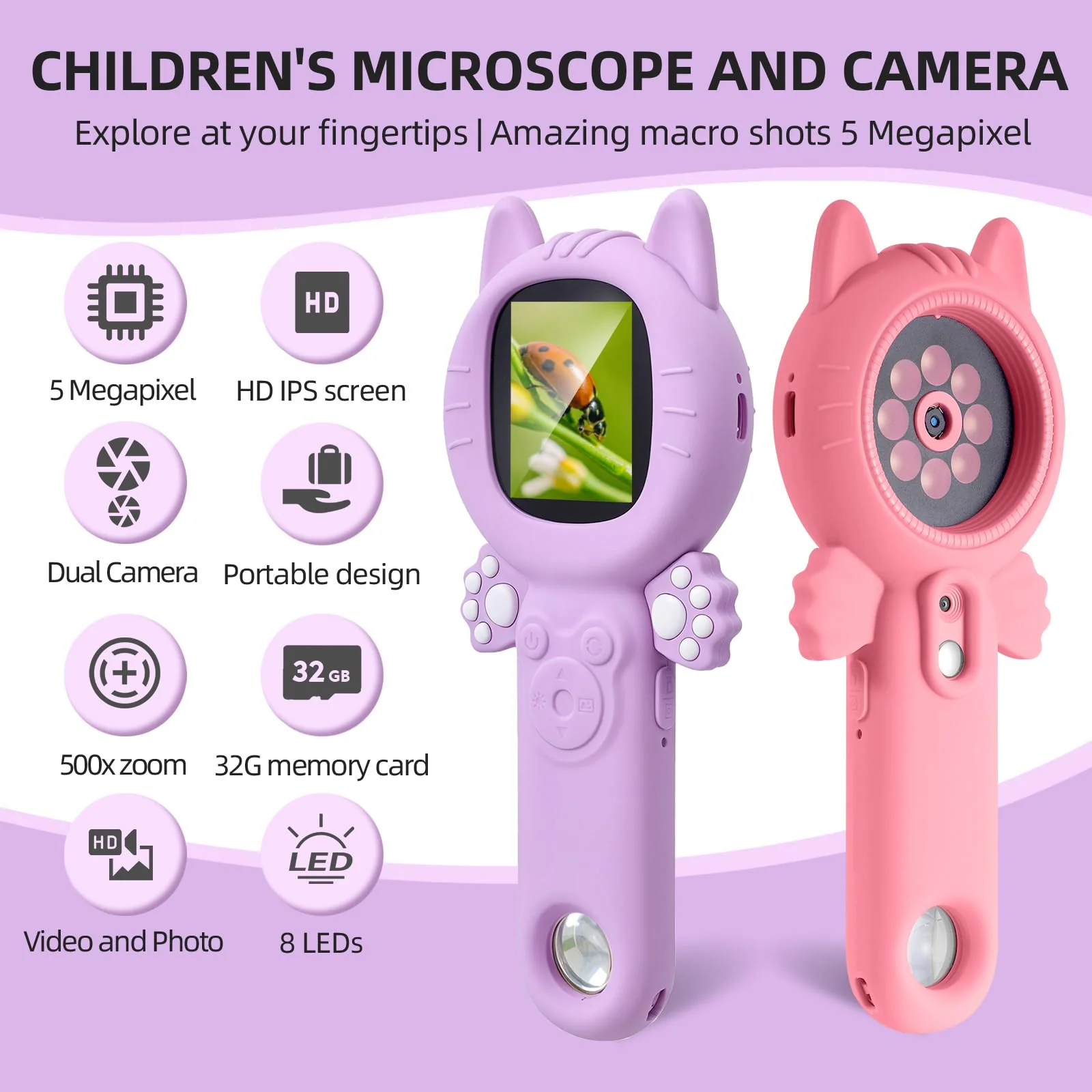 Kids Microscope – 500X Digital Pocket Handheld Microscope with Dual Cameras & Autofocus, STEM Educational Toy & Perfect Christmas Birthday Gift for Boys & Girls Ages 3 4 5 6 7 8 9 10(Pink) Pink cats - Image 2