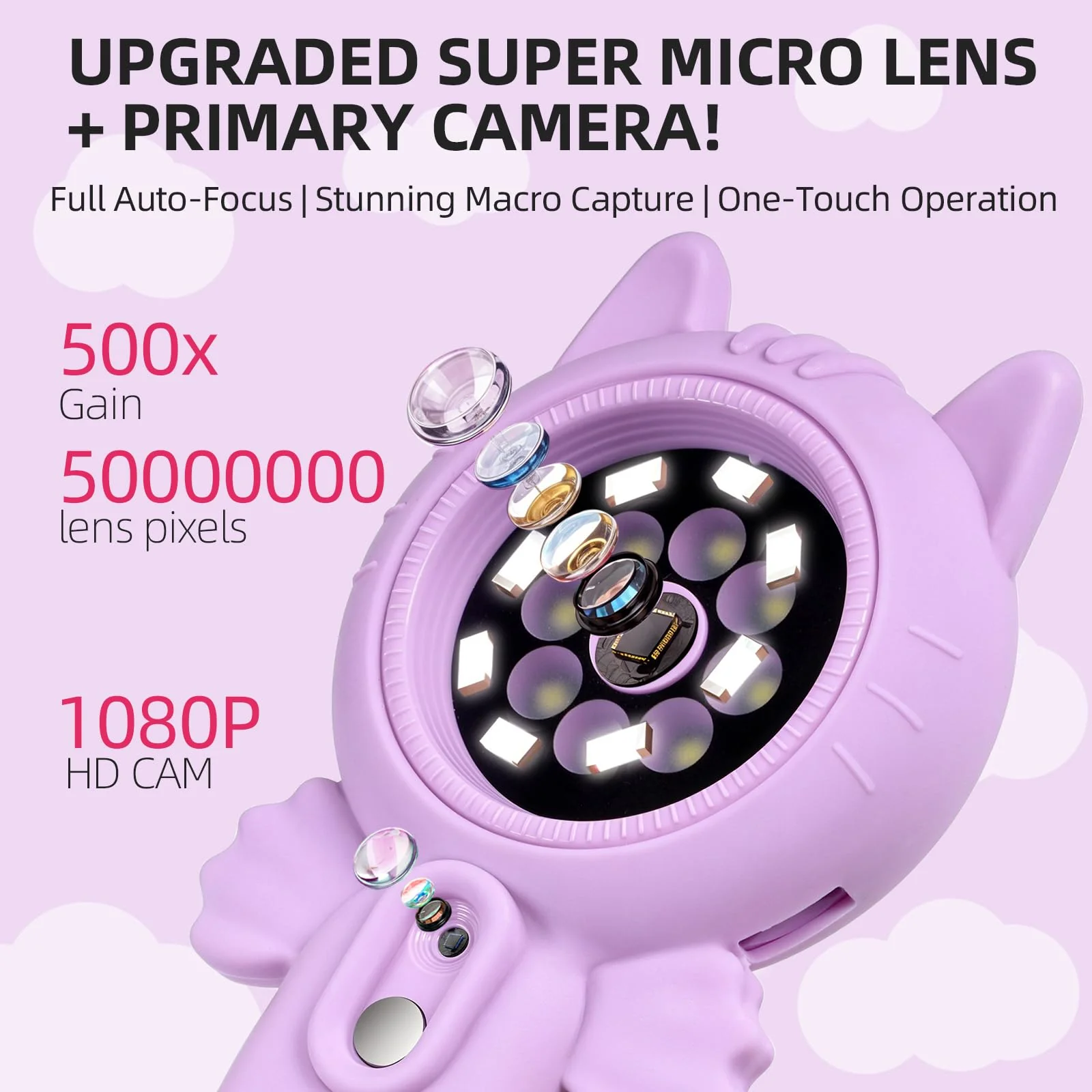 Kids Microscope – 500X Digital Pocket Handheld Microscope with Dual Cameras & Autofocus, STEM Educational Toy & Perfect Christmas Birthday Gift for Boys & Girls Ages 3 4 5 6 7 8 9 10(Pink) Pink cats - Image 3