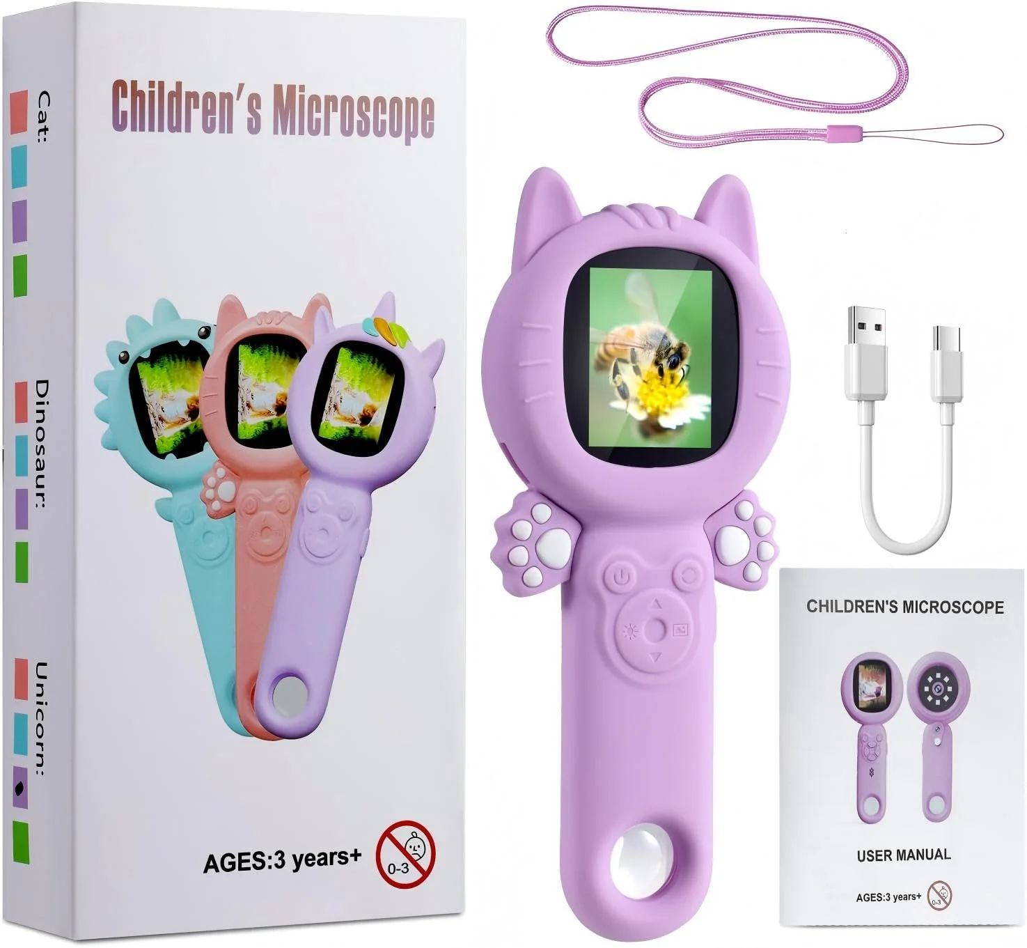 Kids Microscope – 500X Digital Pocket Handheld Microscope with Dual Cameras & Autofocus, STEM Educational Toy & Perfect Christmas Birthday Gift for Boys & Girls Ages 3 4 5 6 7 8 9 10(Pink) Pink cats - Image 4