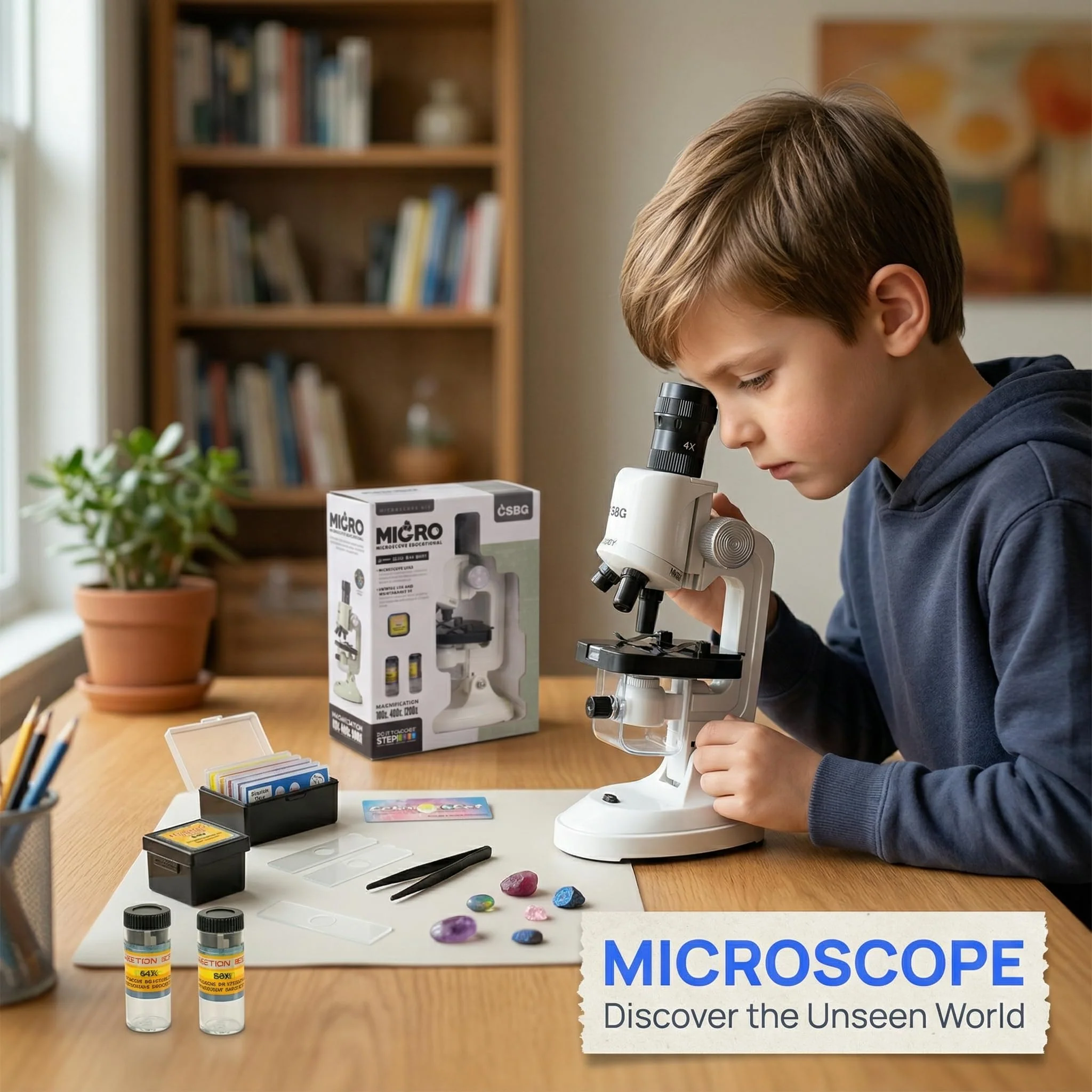 Kids Microscope Kit with LED Light - 100X/400X/1200X Magnification for STEM Learning, 12 Prepared Slides, Easy-to-Use Science Learning Kit (Ages 5-12) - White - Image 2