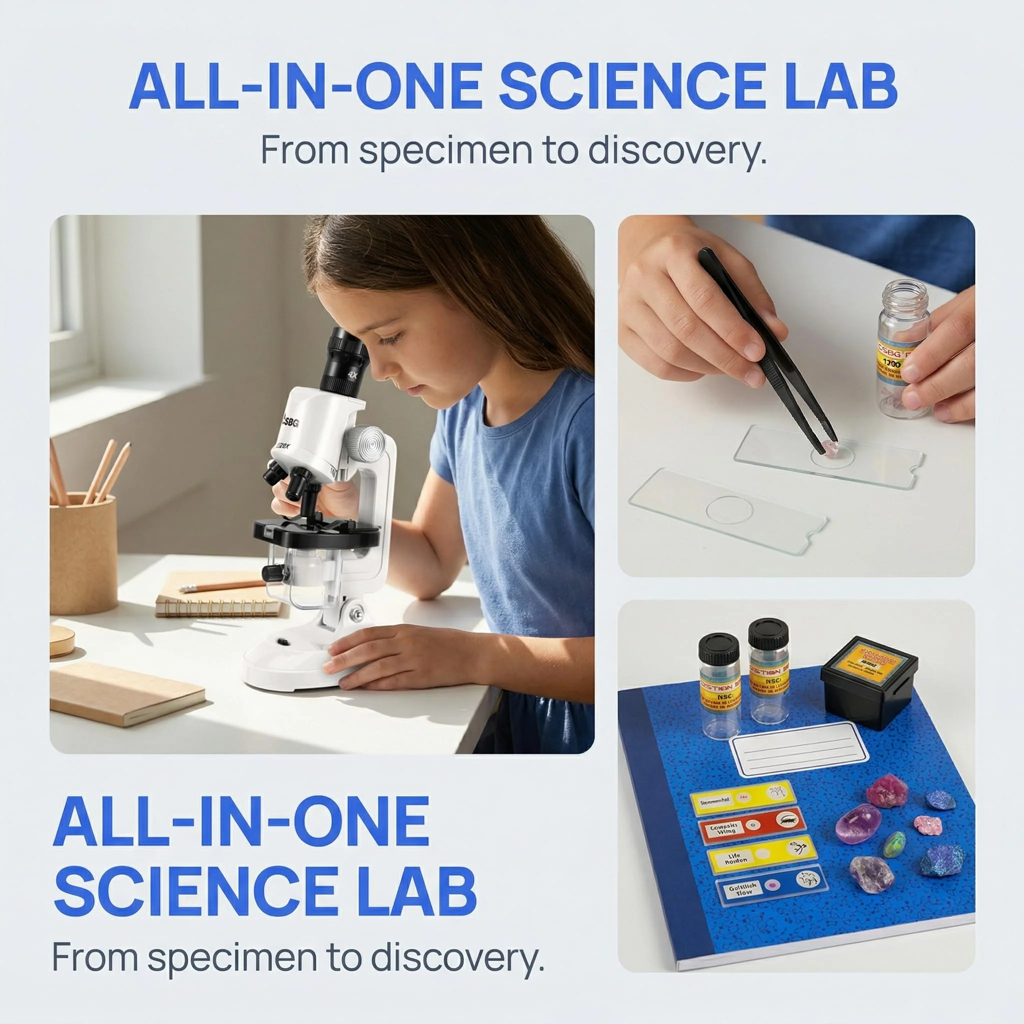 Kids Microscope Kit with LED Light - 100X/400X/1200X Magnification for STEM Learning, 12 Prepared Slides, Easy-to-Use Science Learning Kit (Ages 5-12) - White - Image 6