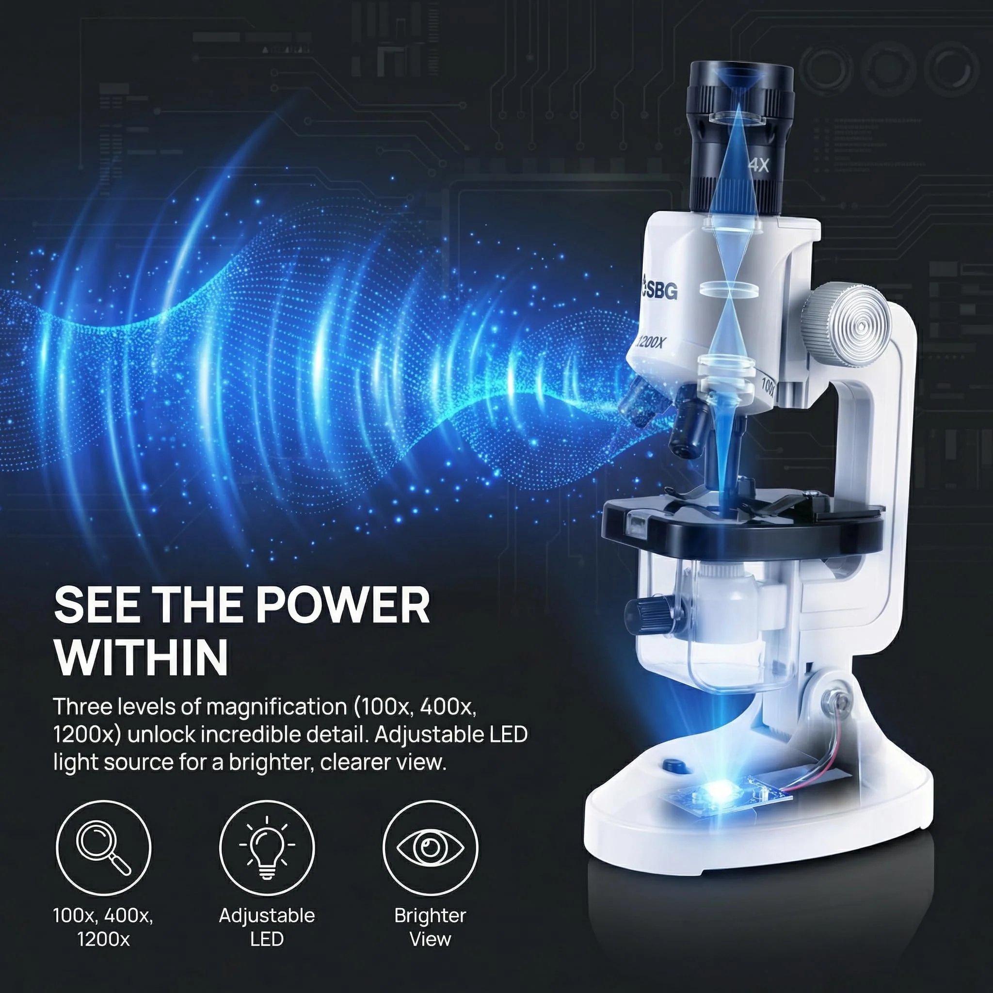 Kids Microscope Kit with LED Light - 100X/400X/1200X Magnification for STEM Learning, 12 Prepared Slides, Easy-to-Use Science Learning Kit (Ages 5-12) - White - Image 8