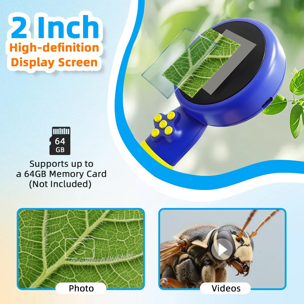 Kids Microscope with Bug Catcher Kit, 1080P Digital Mini Handheld Microscope STEM Science Toy with LED Light, Rechargeable, Portable, Supports 64GB TF Card, Educational Gift for Kids Ages 3-12 (Blue) Blue - Image 4