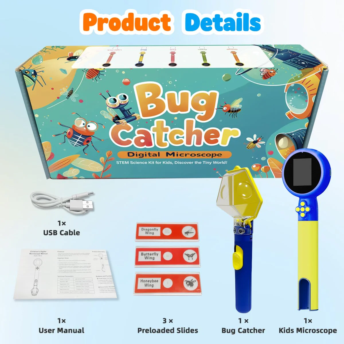 Kids Microscope with Bug Catcher Kit, 1080P Digital Mini Handheld Microscope STEM Science Toy with LED Light, Rechargeable, Portable, Supports 64GB TF Card, Educational Gift for Kids Ages 3-12 (Blue) Blue - Image 9