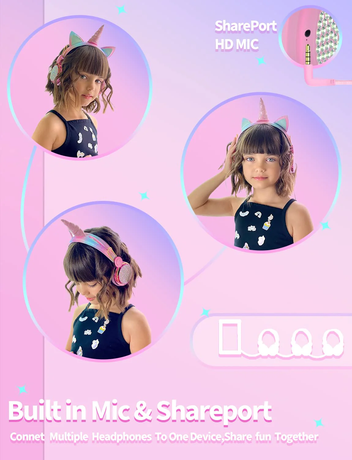 Kids Unicorns Headphones with Mic for School/Travel,95dB Volume Limited,Shareport,On/Over Ear Wired Headsets with Nylon Cable-Hot Pink Rose2 - Image 4