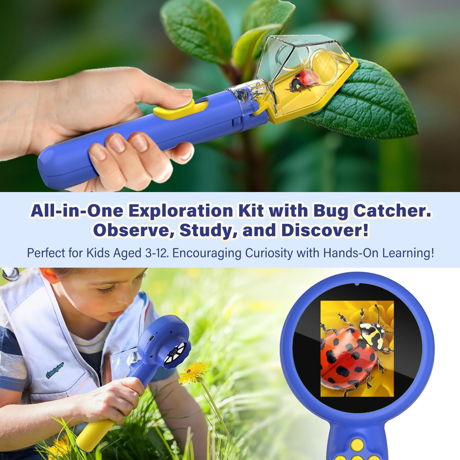Kids Wonder Quest Microscope Camera with Bug Catcher, 2" Screen Portable Handheld Microscope for Kids, HD 500X STEM Science Toy with LED Lights, for Age 3-12 Girls & Boys Birthday Gifts (Blue) Blue - Image 2