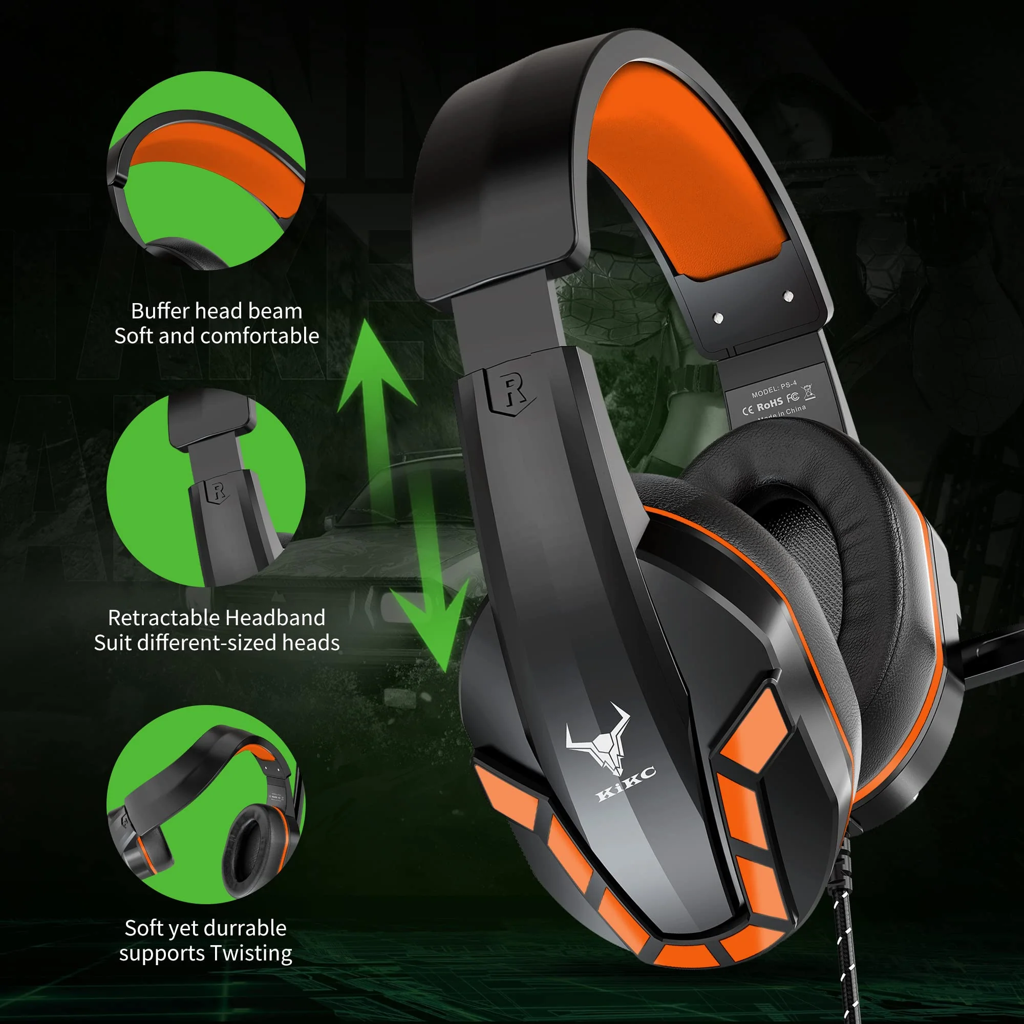 Kikc PS4 Gaming Headset with Mic for Xbox One, PS5, PC, Mobile Phone and Notebook, Controllable Volume Gaming Headphones with Soft Earmuffs for Kid Orange - Image 4