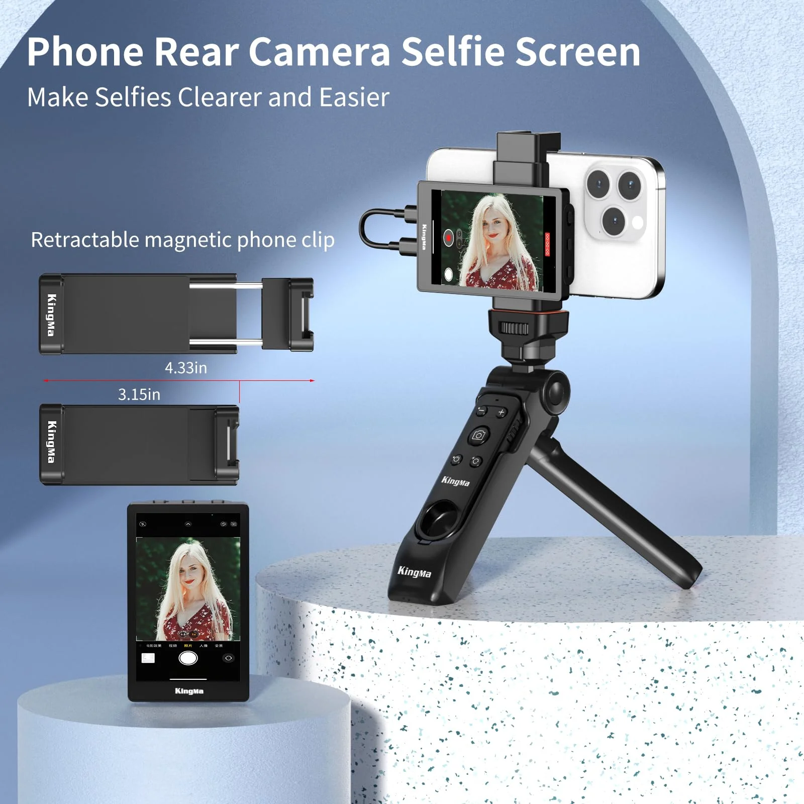 King Ma 4K 30FPS Phone Vlog Selfie Monitor Screen, Wired Mini Monitor for iPhone Rear Camera with Magnetic Phone Clip & Bluetooth Remote for Vlog Live Stream TikTok - Image 2