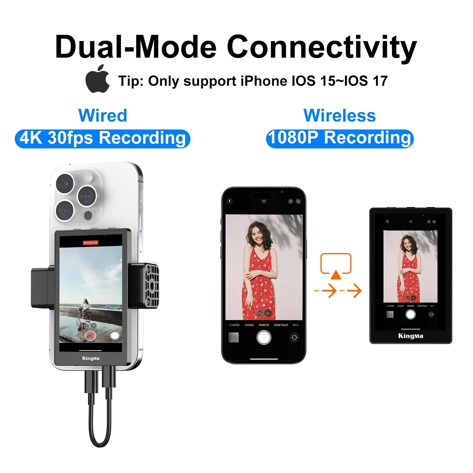 King Ma 4K 30FPS Phone Vlog Selfie Monitor Screen, Wired Mini Monitor for iPhone Rear Camera with Magnetic Phone Clip & Bluetooth Remote for Vlog Live Stream TikTok - Image 5