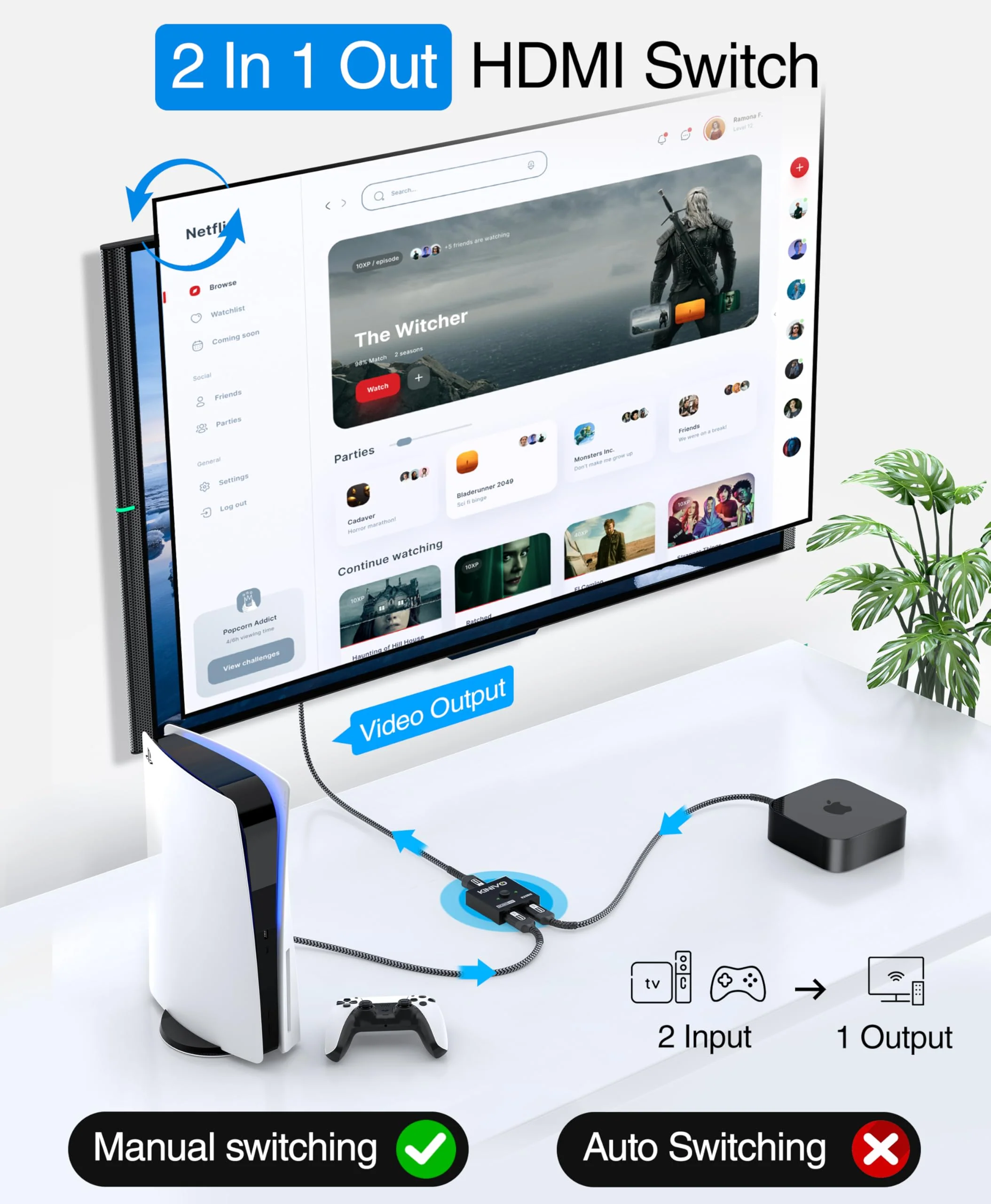 Kinivo 8K HDMI Switch 2 in 1 Out - (Uni-Directional, 8K 60Hz, Ultra HD Switcher Hub, 48Gbps HDMI Hub, HDR10+ Selector, Manual Switching Only) - Compatible with HDTV, PS5/4, Xbox, Projector 8K - 2 Port - Image 2