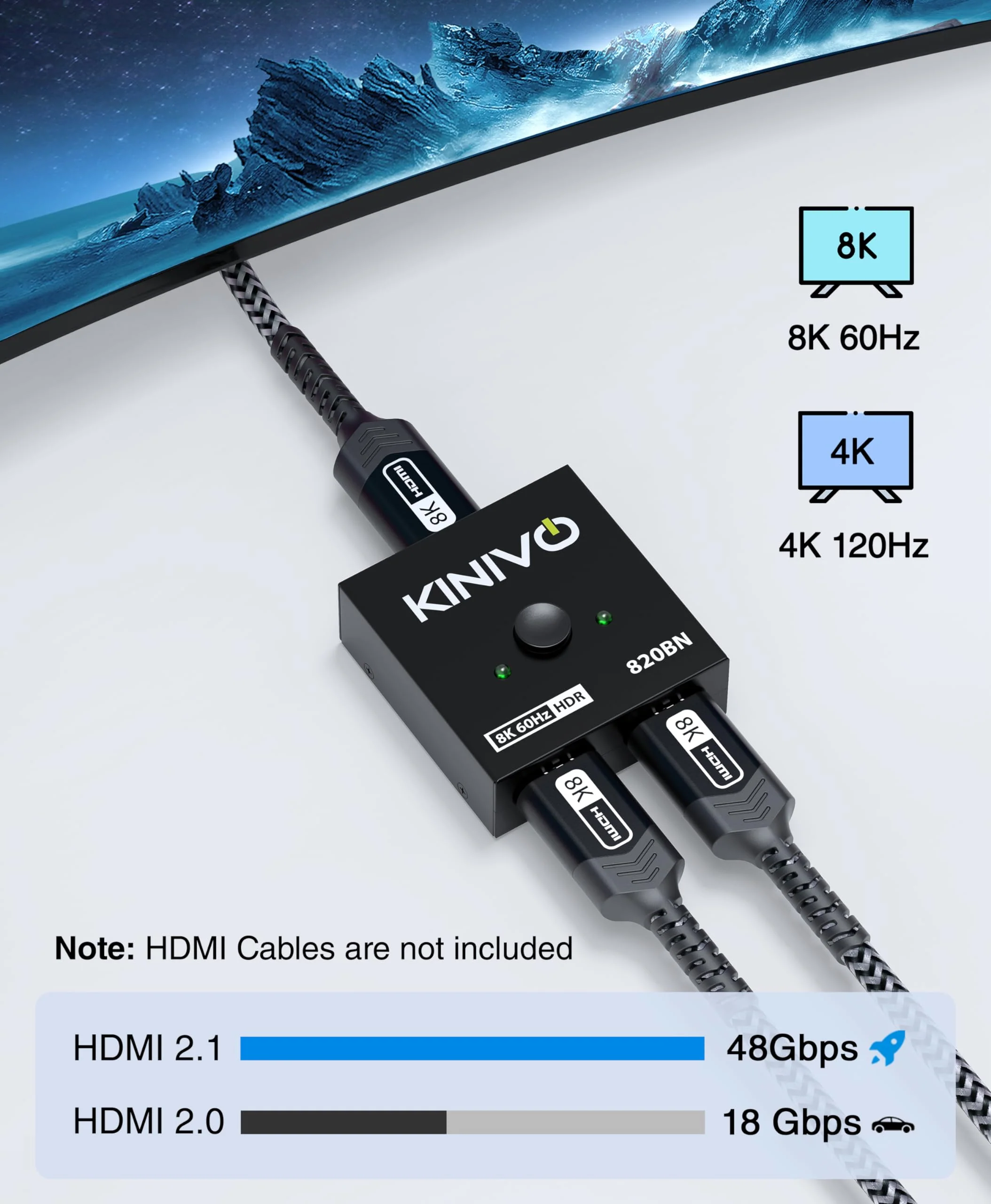 Kinivo 8K HDMI Switch 2 in 1 Out - (Uni-Directional, 8K 60Hz, Ultra HD Switcher Hub, 48Gbps HDMI Hub, HDR10+ Selector, Manual Switching Only) - Compatible with HDTV, PS5/4, Xbox, Projector 8K - 2 Port - Image 5