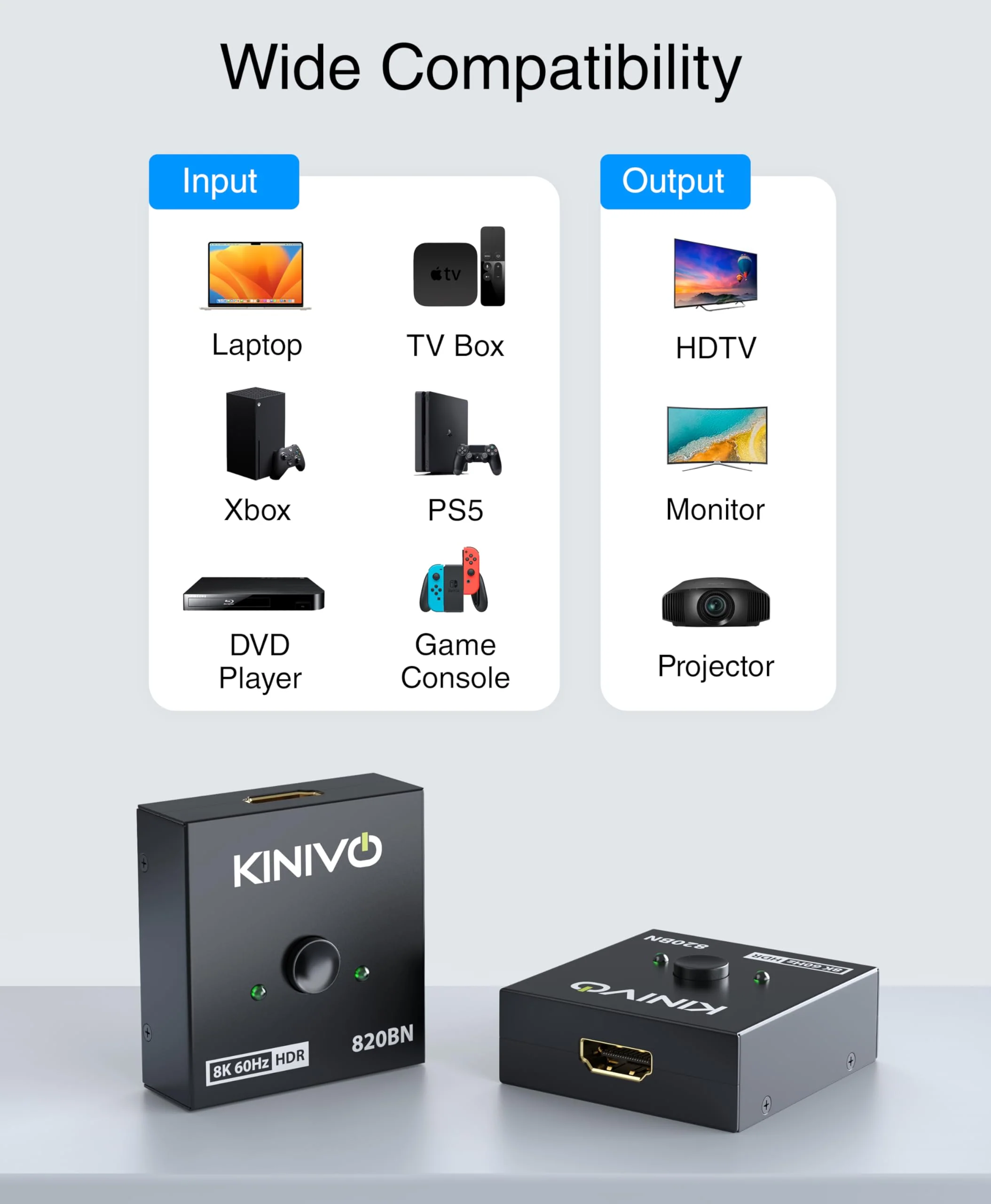 Kinivo 8K HDMI Switch 2 in 1 Out - (Uni-Directional, 8K 60Hz, Ultra HD Switcher Hub, 48Gbps HDMI Hub, HDR10+ Selector, Manual Switching Only) - Compatible with HDTV, PS5/4, Xbox, Projector 8K - 2 Port - Image 6