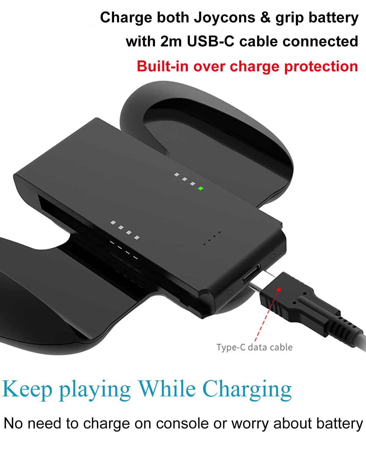 KINVOCA Charging Grip with 2000mAh Battery, 2-in-1 Comfort Grip for Nintendo Switch Controller, Controller Charger with 32in USB-C Cable, Power & Charge Indicators, Overcharge Protection Grip for Original Controller ONLY(2000mAh Battery) - Image 3