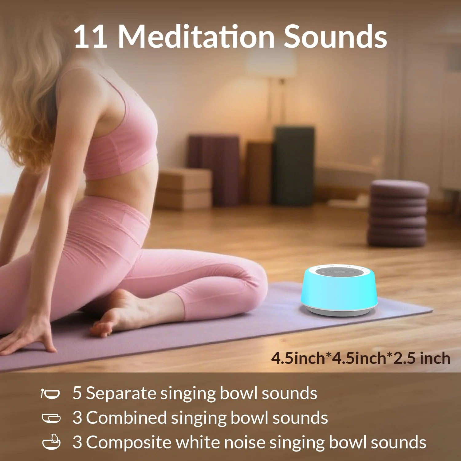 Kipcush Tibetan Singing Bowls Sound Machine - 11 Different Sized Sound Bowls with Night Light for Yoga, Meditation, Mindfulness, Healing, Chakra Healing and Stress Relief, Timer, Plug in Small - Image 2