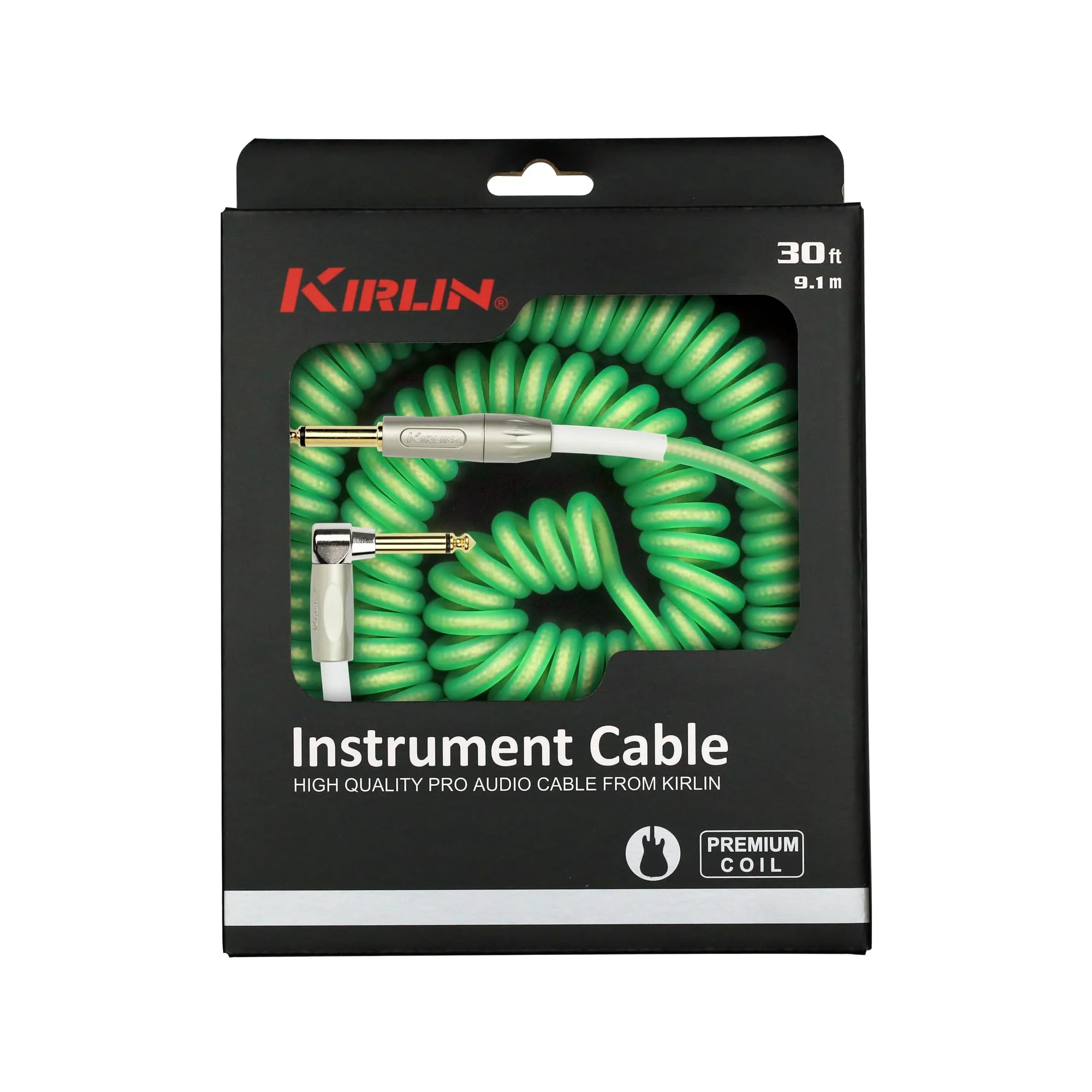 KIRLIN Cable Kirlin IMK-202PFGL-30/GRF-Straight to Right Angle ¼” Premium Coil Instrument Cable, Green Translucent PVC Jacket-30ft, 1/4" Mono Plug, (IMK-202PFGL-30/GRF) - Image 2