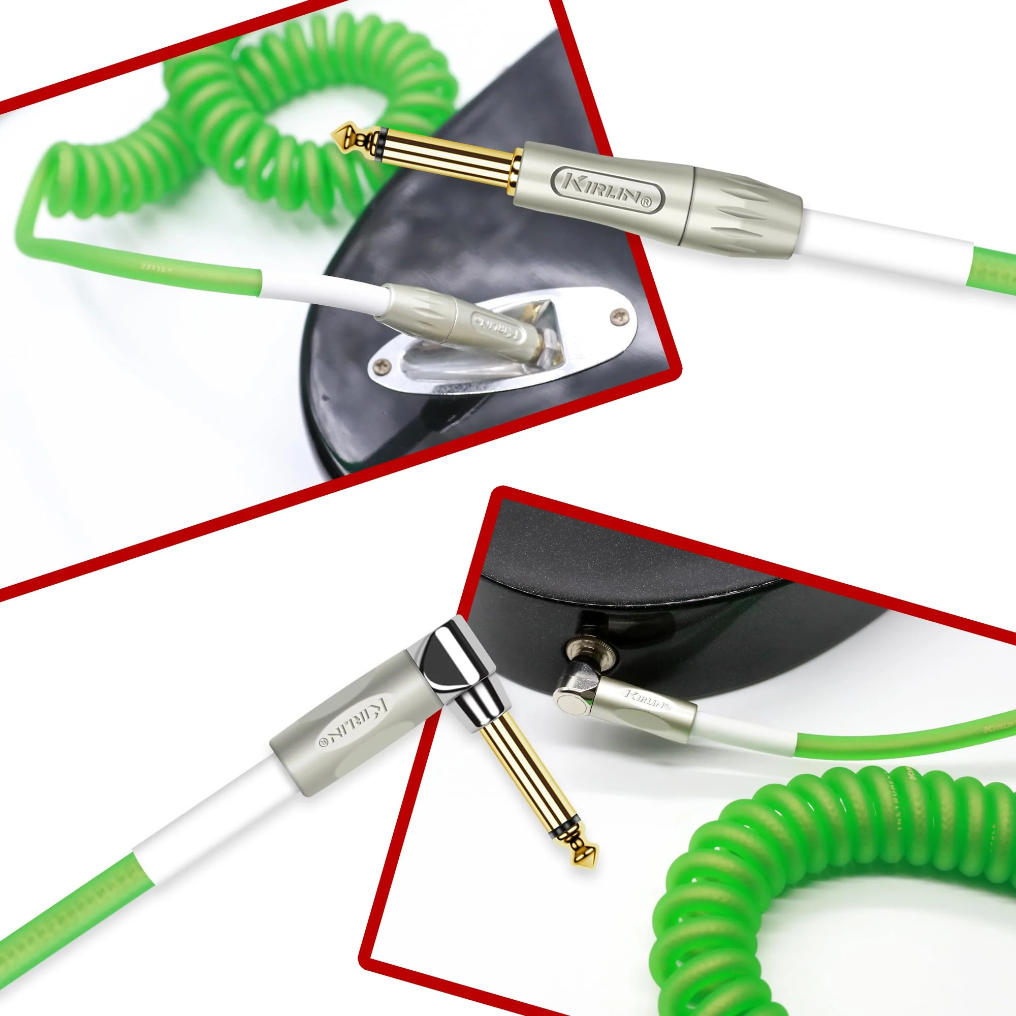 KIRLIN Cable Kirlin IMK-202PFGL-30/GRF-Straight to Right Angle ¼” Premium Coil Instrument Cable, Green Translucent PVC Jacket-30ft, 1/4" Mono Plug, (IMK-202PFGL-30/GRF) - Image 3