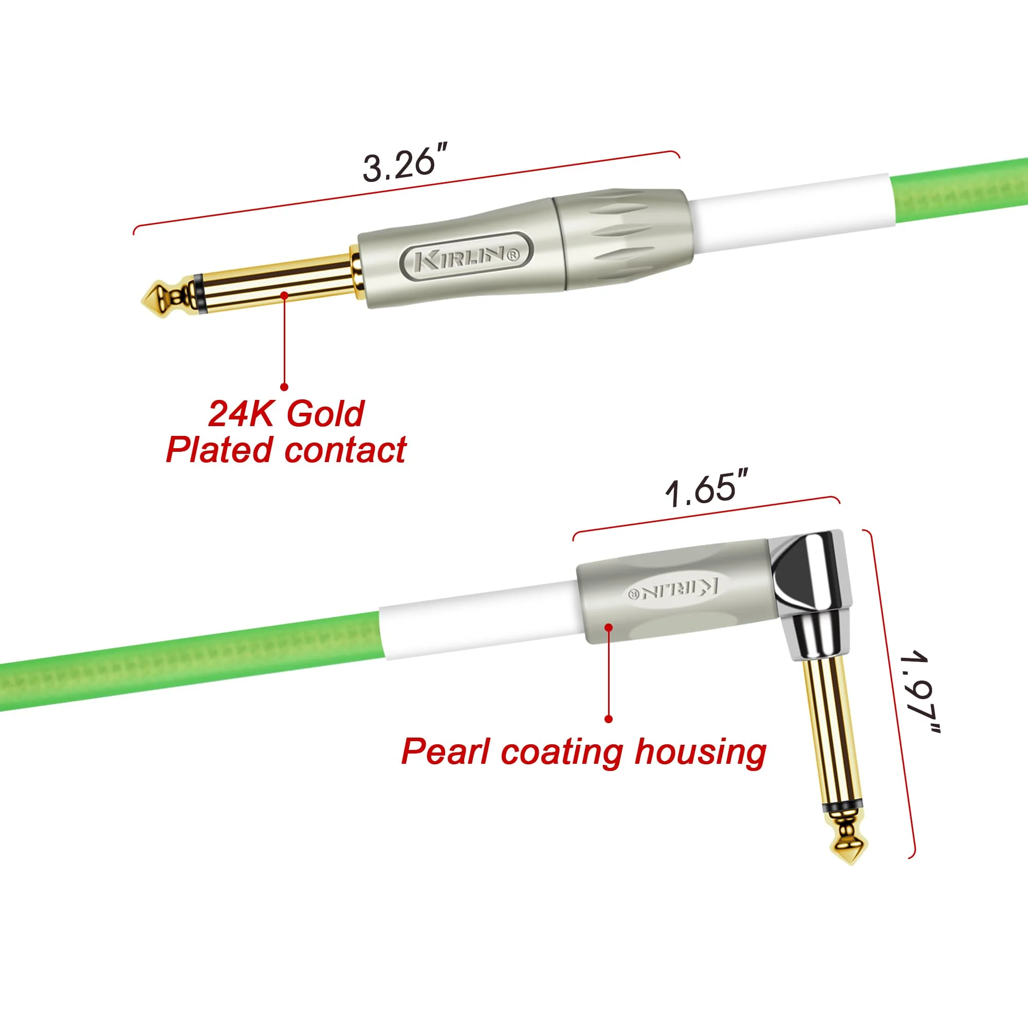 KIRLIN Cable Kirlin IMK-202PFGL-30/GRF-Straight to Right Angle ¼” Premium Coil Instrument Cable, Green Translucent PVC Jacket-30ft, 1/4" Mono Plug, (IMK-202PFGL-30/GRF) - Image 4
