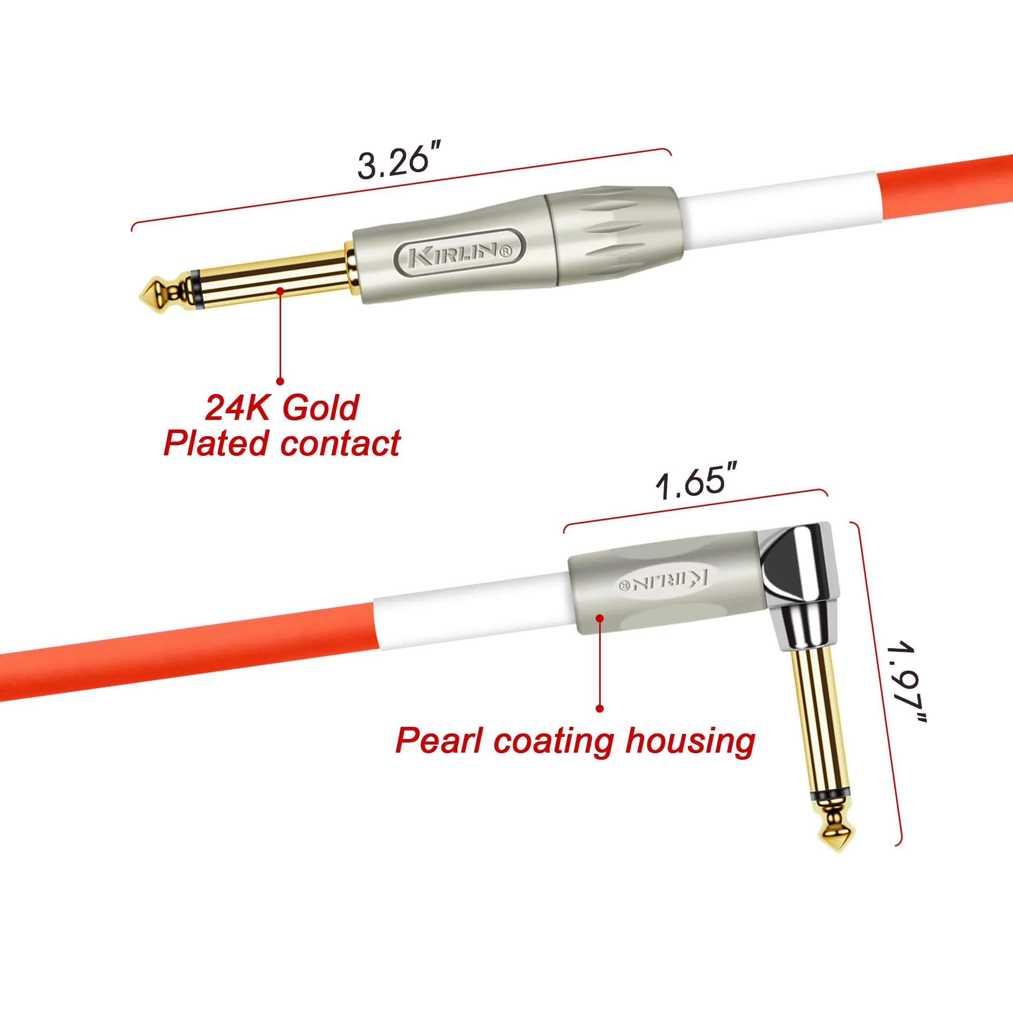 KIRLIN Cable Kirlin IMK-202PFGL-30/RDF-Straight Premium Coil Instrument Cable, Red Translucent PVC Jacket-30ft, 1/4" Mono Plug, Straight to Right Angle, (IMK-202PFGL-30/RDF) - Image 4