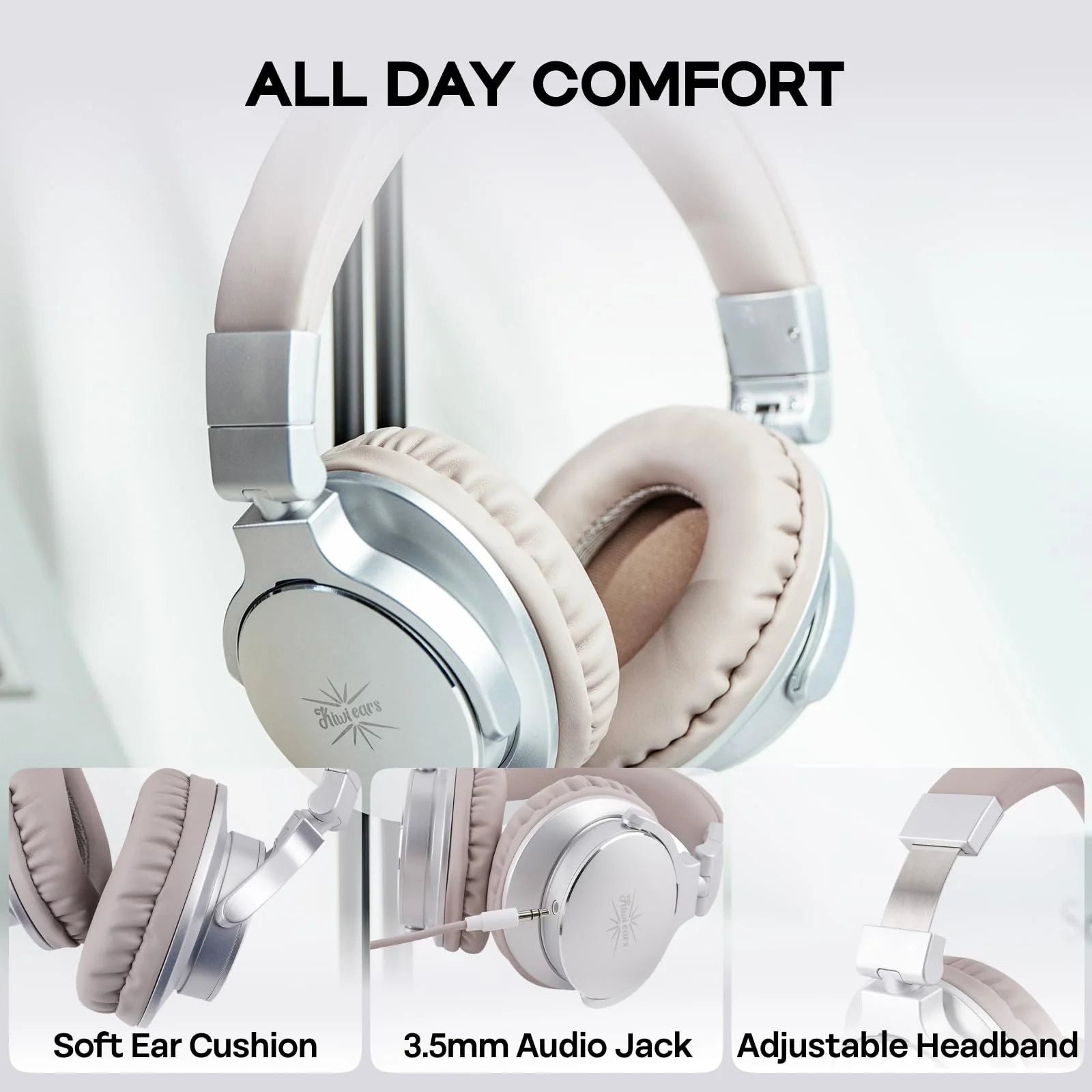 Kiwi Ears Division Monitor/DJ Headphones, Wired Over Ear Headphones, Gaming Headset, Mixing DJ Stereo Headsets with 40mm Drivers, 3.5mm/6.35mm Audio Jack for AMP Computer Recording Podcast Silver - Image 4