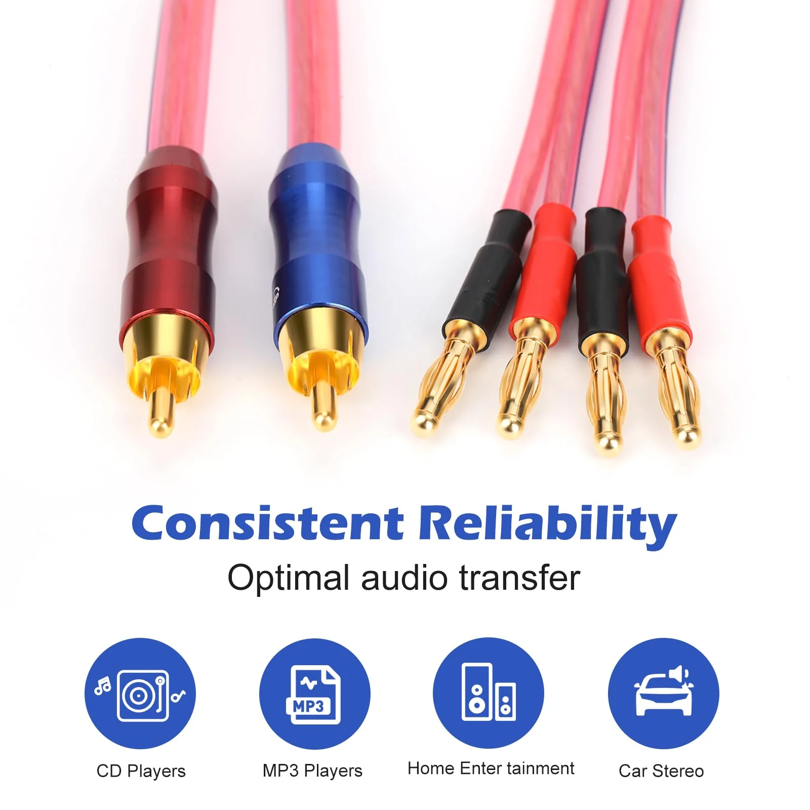 KK R1-B2-D0.5 4N OFC Speaker Wire Pair with RCA Male (Blue & Red) to 2 Pair Banana（4banana） Plugs 1.64Foot-Pair KK R1-B2-D0.5 3M/9.8Foot - Image 4