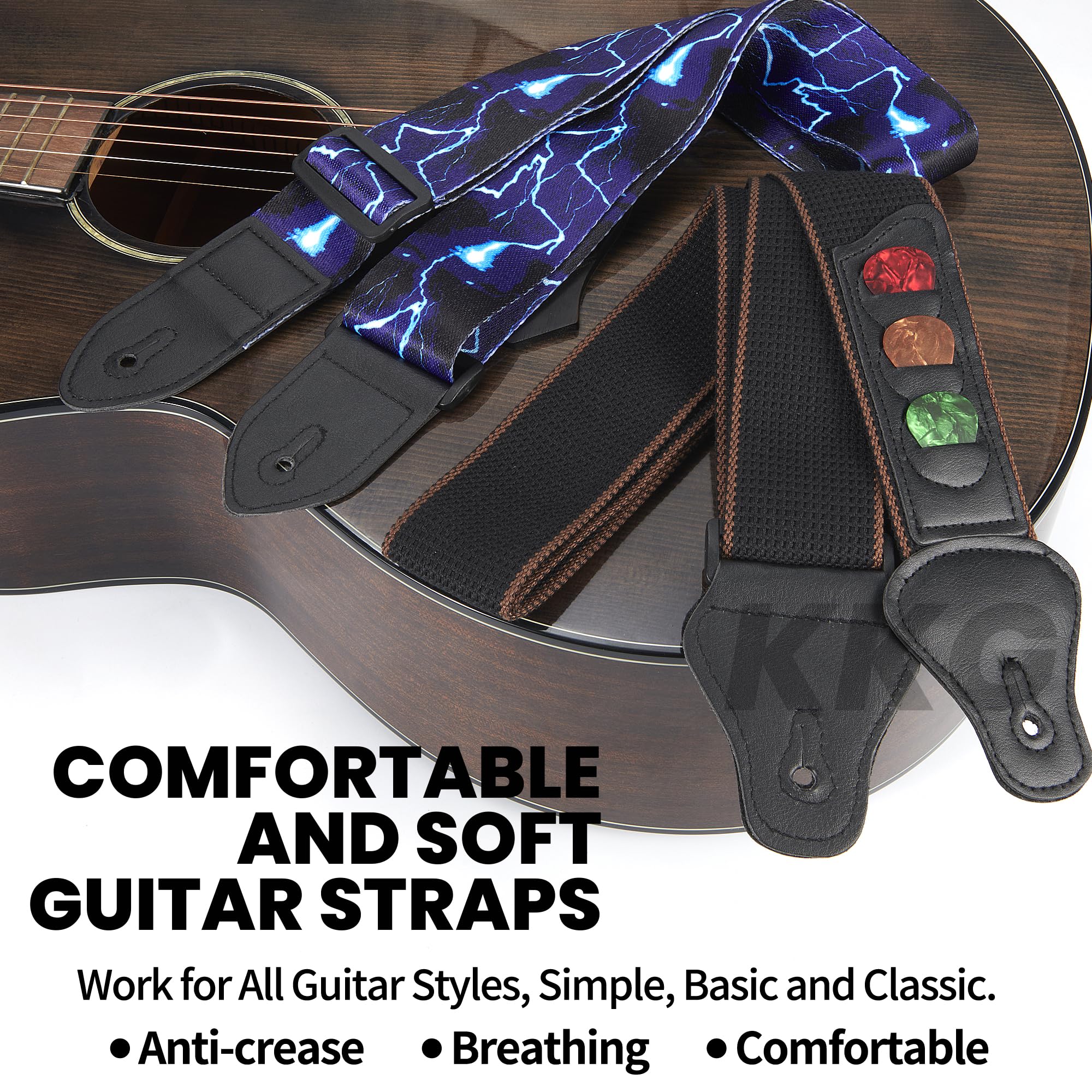 KKG 2pack Guitar Wall Mount Wood Hanger,and 2pack Guitar Strap with Guitar Pick and Strap Button Accessories for Safe Storage and Display for Acoustic Electric Guitar Bass Banjo and Instruments. A:2 Hanger& 2 Strap - Image 2