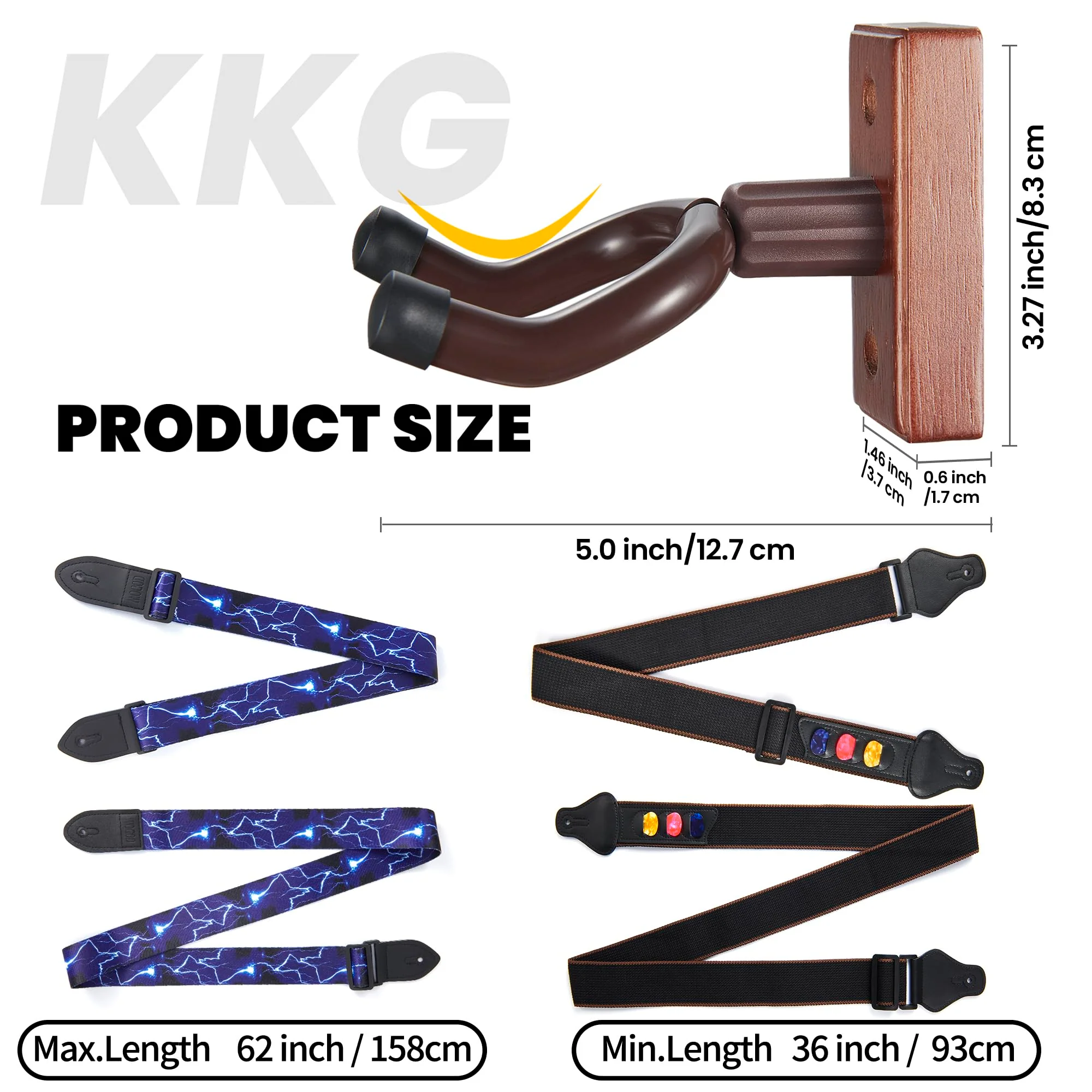 KKG 2pack Guitar Wall Mount Wood Hanger,and 2pack Guitar Strap with Guitar Pick and Strap Button Accessories for Safe Storage and Display for Acoustic Electric Guitar Bass Banjo and Instruments. A:2 Hanger& 2 Strap - Image 4