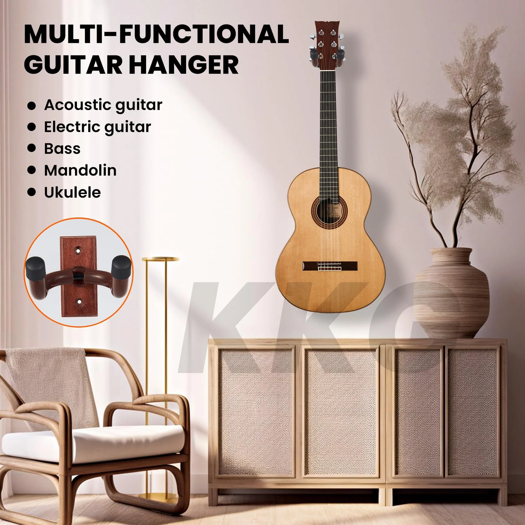 KKG 5 Pack Guitar Brown Wall Mount,Guitar Wall Hanger, Guitar Hanger Wall Hook Holder Stand with Screws, Hardwood Guitar Wall Mount Hanger for Acoustic Guitar, Electric Guitar, Banjo, Bass 5PcsBrown - Image 5