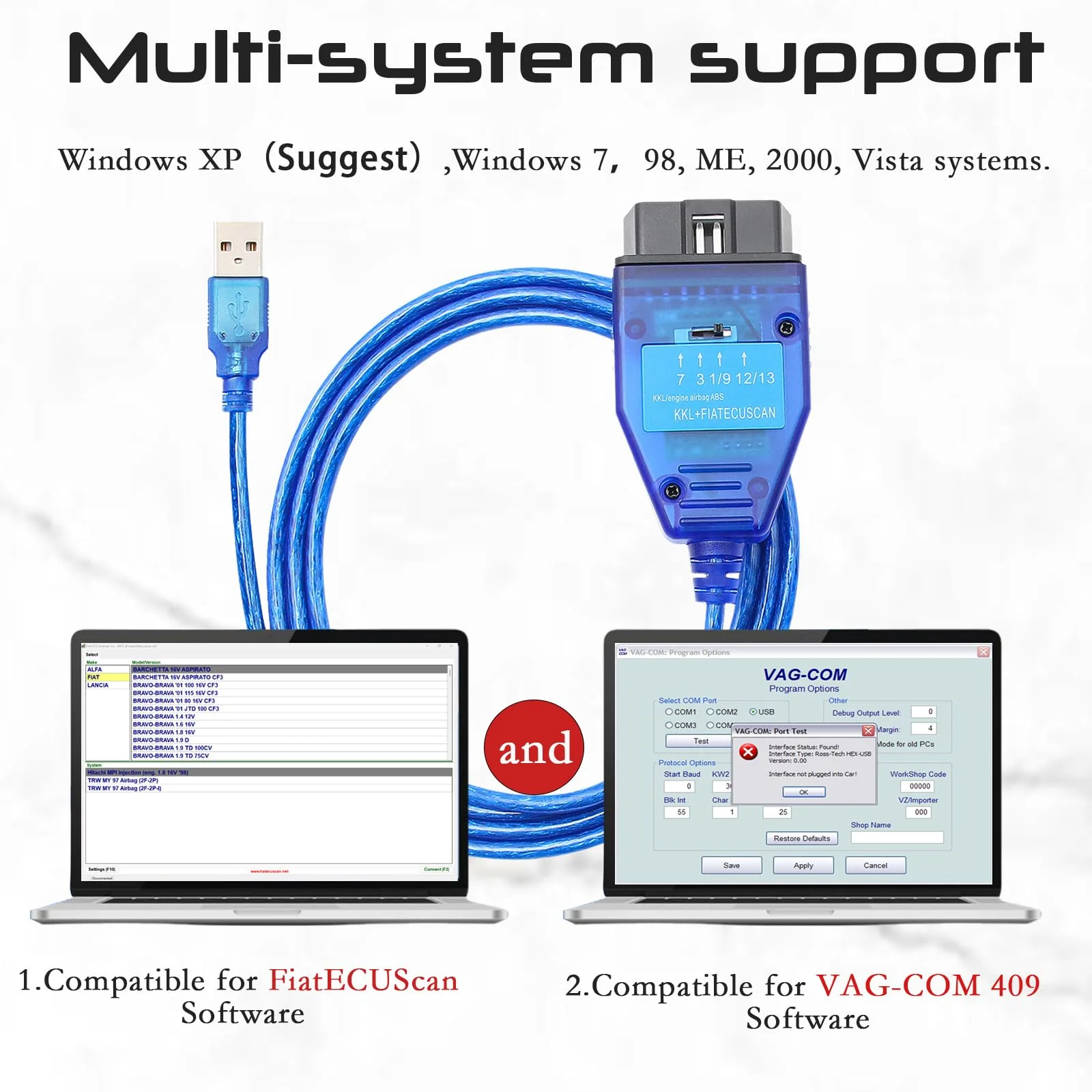 KKL 409 FiatEcuScan OBD2 Cable with FT232RL Chip,Diagnostic Software for VG-COM 409+FIATECUSCAN Interface 2 IN 1 Scanner Tool with 4Way Switch,Compatible with Vvv,Audi,Fiat,Alfa,Lancia Vehicle - Image 3