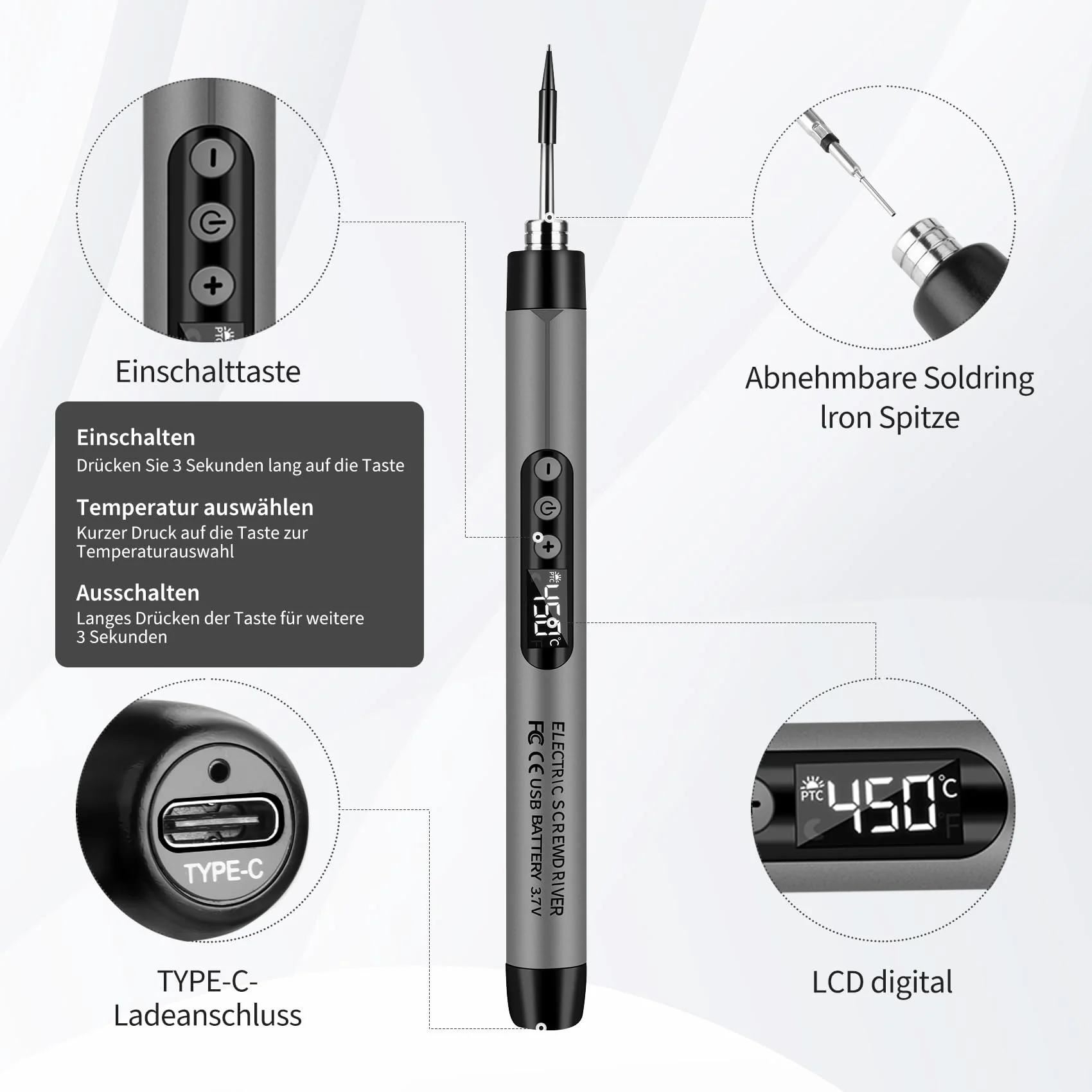 KKMOL Battery Soldering Iron Set, USB Rechargeable Soldering Iron with LCD, Temperature Adjustable 330 °C - 450 °C, 3 Soldering Tips, Soldering Wire, Soldering Paste, Professional Safe Complete Gray - Image 3