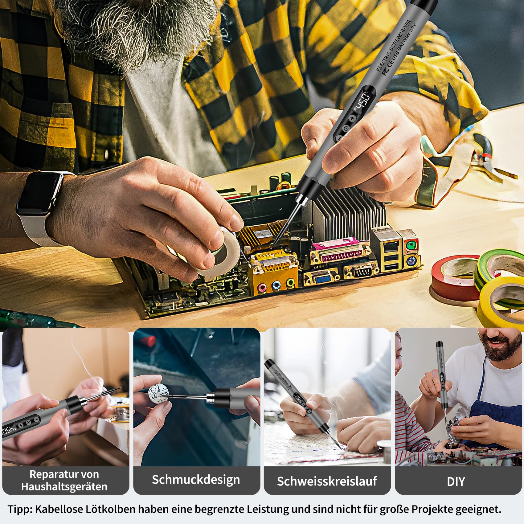 KKMOL Battery Soldering Iron Set, USB Rechargeable Soldering Iron with LCD, Temperature Adjustable 330 °C - 450 °C, 3 Soldering Tips, Soldering Wire, Soldering Paste, Professional Safe Complete Gray - Image 8