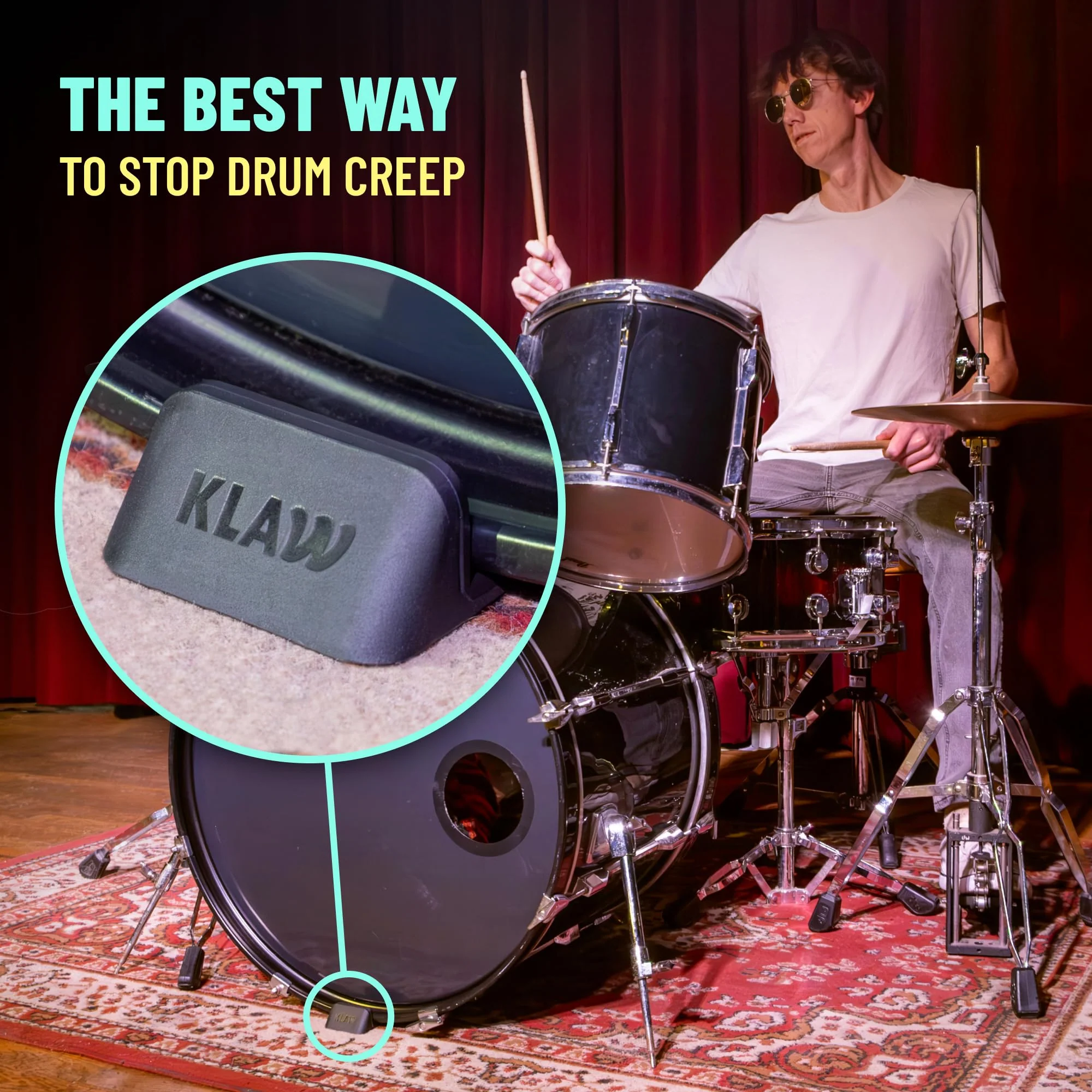 KLAW Bass Drum Rug Anchor - Completely Stops Drum Creep | Works on Every Drum Mat, Drum Rug & Carpet | Pocket Drum Accessories For Kick Drums | Gift Ready Drum Set Brake Accessory (Black, Regular) Black - Image 2