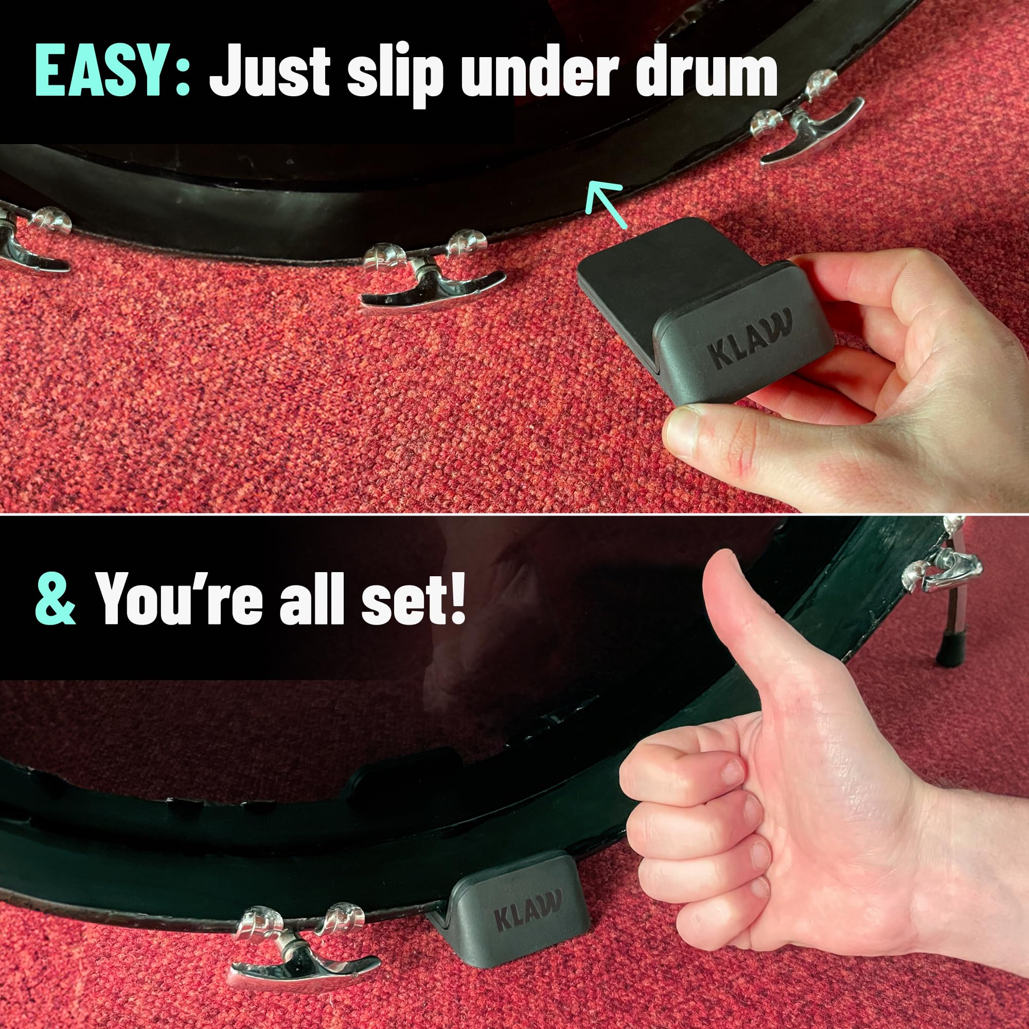 KLAW Bass Drum Rug Anchor - Completely Stops Drum Creep | Works on Every Drum Mat, Drum Rug & Carpet | Pocket Drum Accessories For Kick Drums | Gift Ready Drum Set Brake Accessory (Black, Regular) Black - Image 4