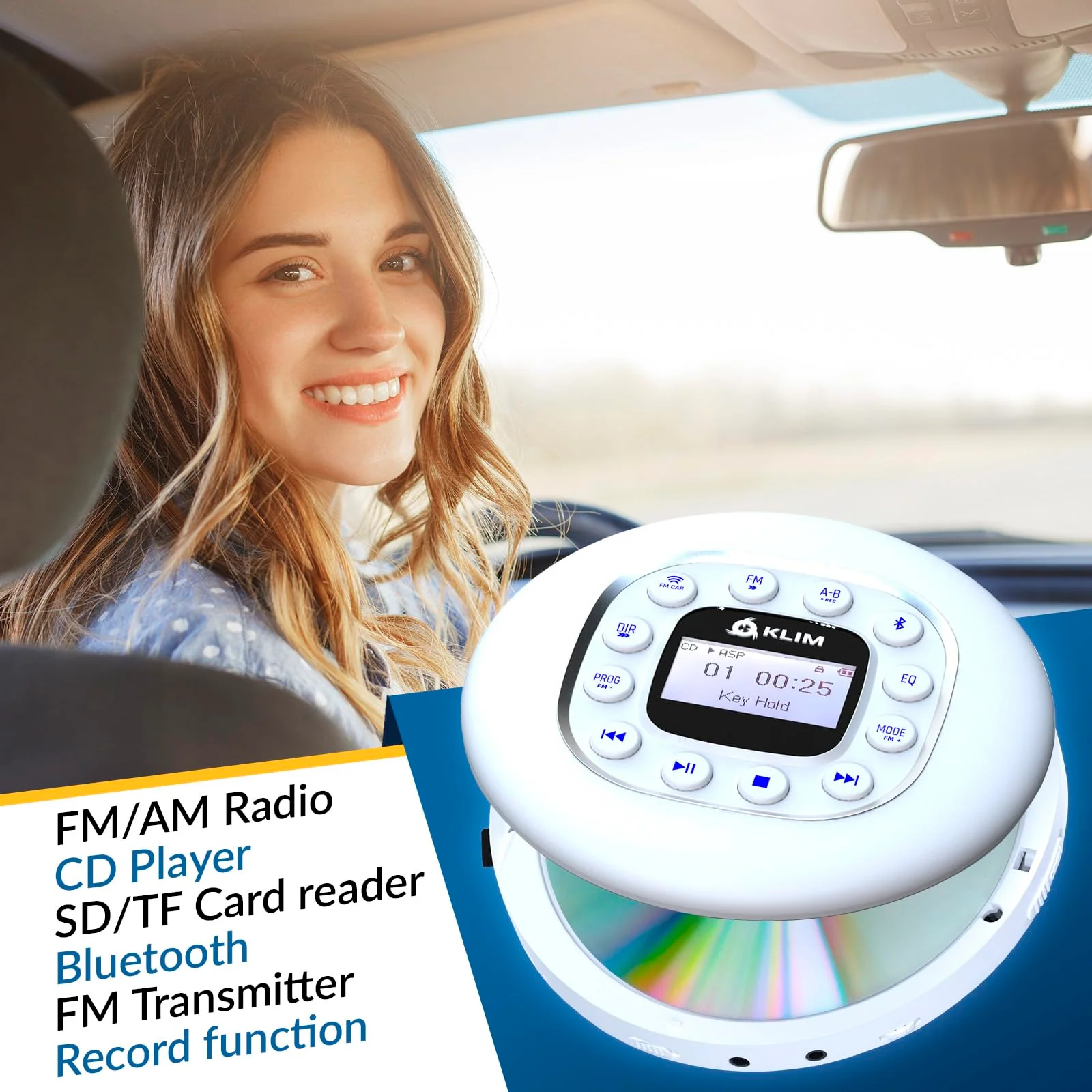 KLIM Journey + Portable CD Player Walkman with Long-Lasting Battery + New 2024 + w/Headphones + Radio FM + Compatible MP3 CD Player + SD Card, FM Transmitter, Bluetooth + Ideal for Cars - White - Image 2