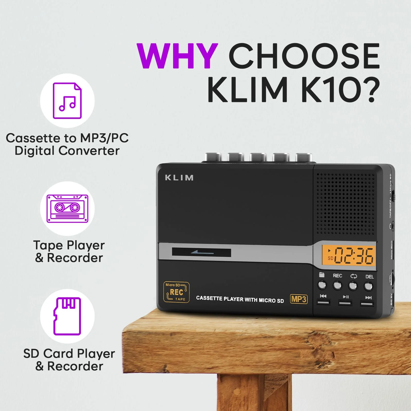 KLIM K10 Portable Cassette Tape Player & Tape Recorder, Cassette to MP3 Converter + Built-in Microphone & Speaker + USB PC Transfer + Battery/USB Powered + 8GB SD Card + Earphones - Image 2