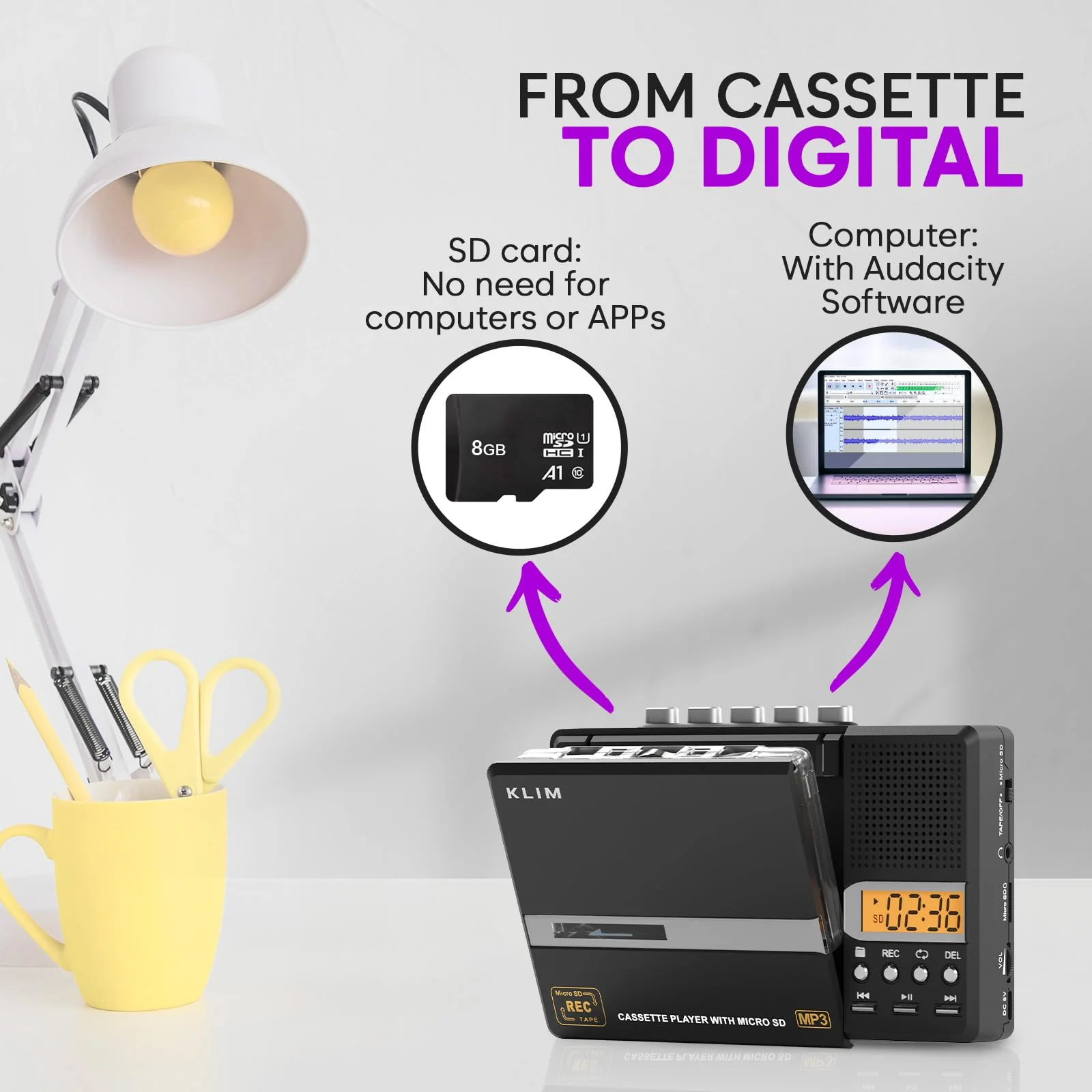 KLIM K10 Portable Cassette Tape Player & Tape Recorder, Cassette to MP3 Converter + Built-in Microphone & Speaker + USB PC Transfer + Battery/USB Powered + 8GB SD Card + Earphones - Image 3