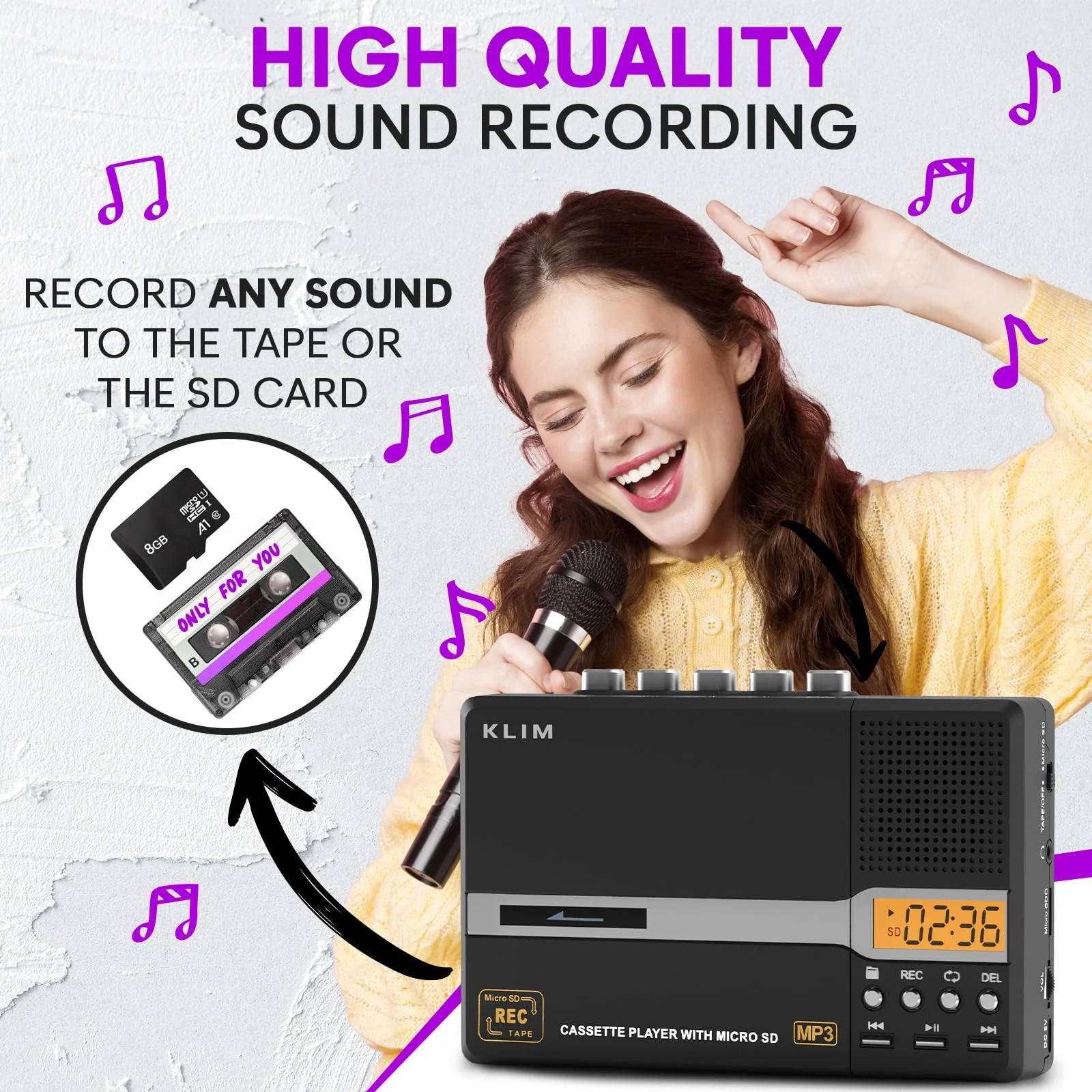 KLIM K10 Portable Cassette Tape Player & Tape Recorder, Cassette to MP3 Converter + Built-in Microphone & Speaker + USB PC Transfer + Battery/USB Powered + 8GB SD Card + Earphones - Image 4