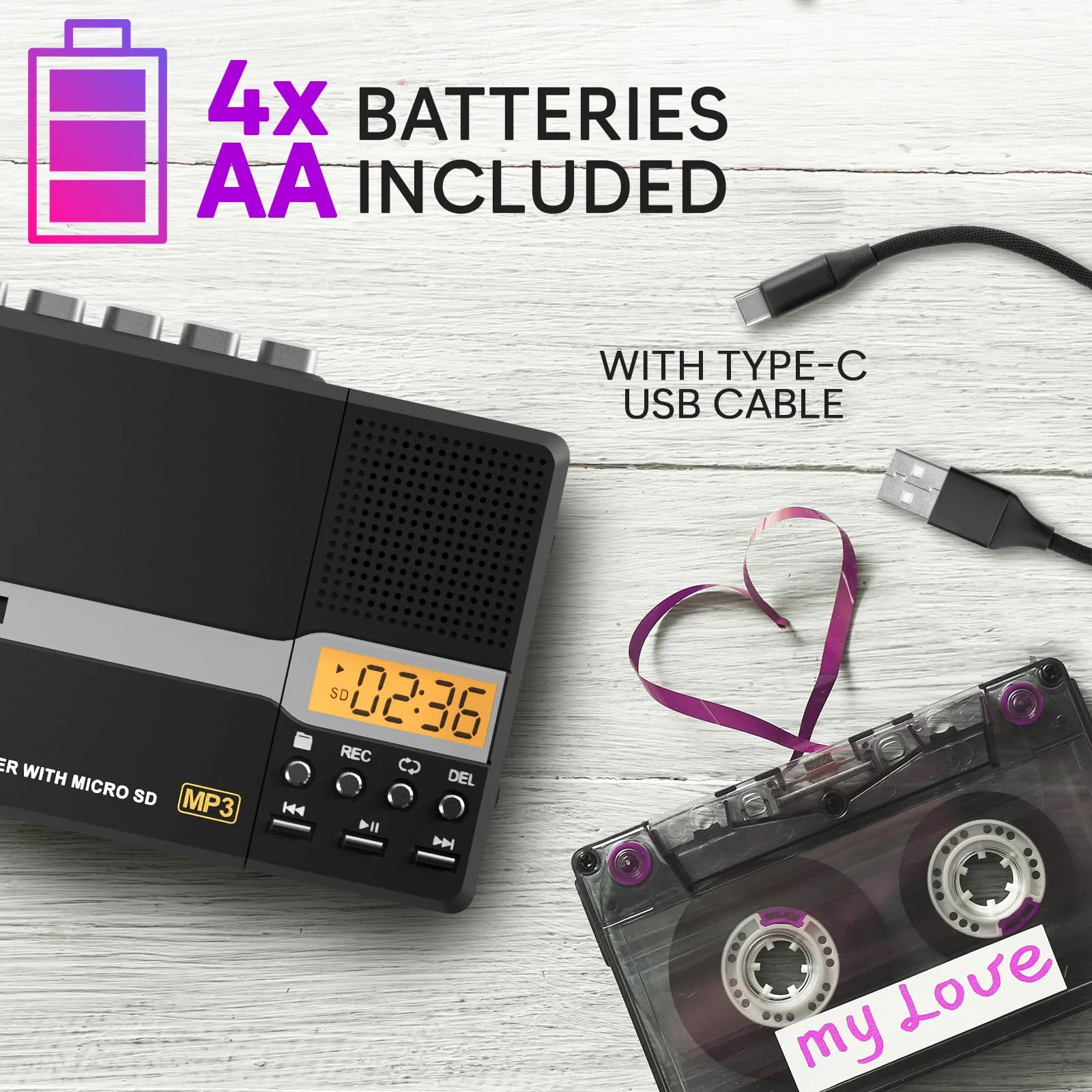 KLIM K10 Portable Cassette Tape Player & Tape Recorder, Cassette to MP3 Converter + Built-in Microphone & Speaker + USB PC Transfer + Battery/USB Powered + 8GB SD Card + Earphones - Image 5