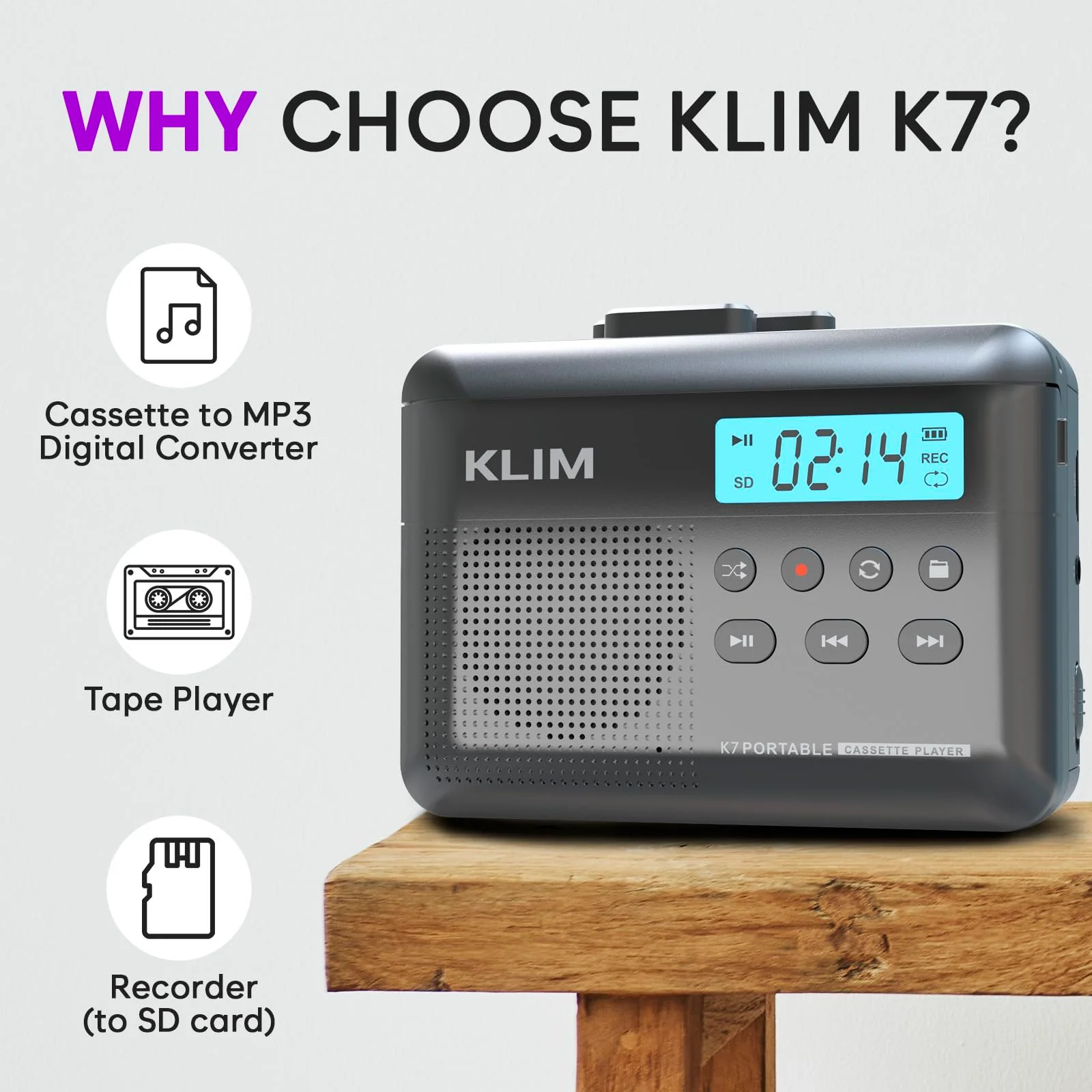 KLIM K7 Cassette Tape Player - Cassette to MP3 Converter - Portable - Built-in Microphone & Speaker - Rechargeable Battery - Earphones - 16GB SD Card - Ash - Image 2