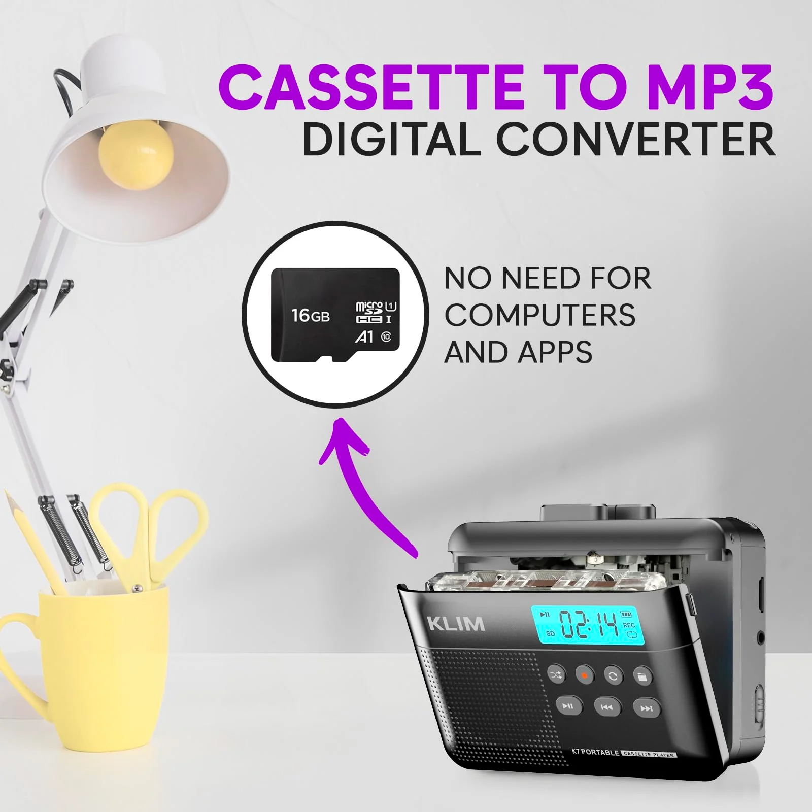 KLIM K7 Cassette Tape Player - Cassette to MP3 Converter - Portable - Built-in Microphone & Speaker - Rechargeable Battery - Earphones - 16GB SD Card - Ash - Image 3