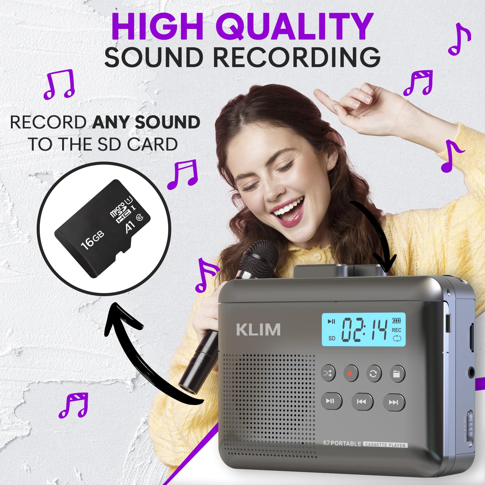 KLIM K7 Cassette Tape Player - Cassette to MP3 Converter - Portable - Built-in Microphone & Speaker - Rechargeable Battery - Earphones - 16GB SD Card - Ash - Image 4