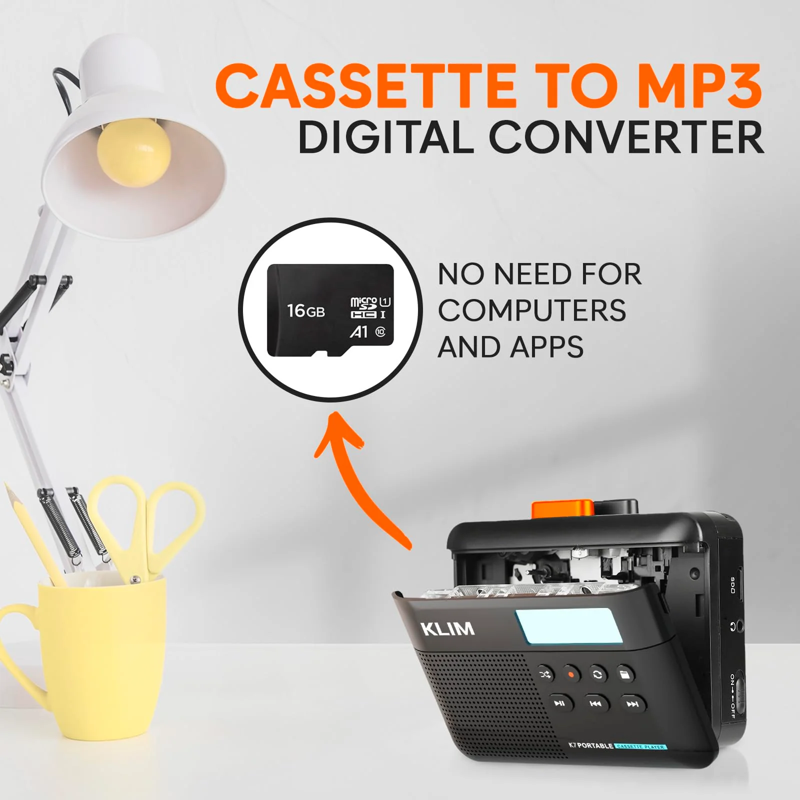 KLIM K7 Cassette Tape Player - Cassette to MP3 Converter - Portable - Built-in Microphone & Speaker - Rechargeable Battery - Earphones - 16GB SD Card - Black-Orange Black Orange - Image 3