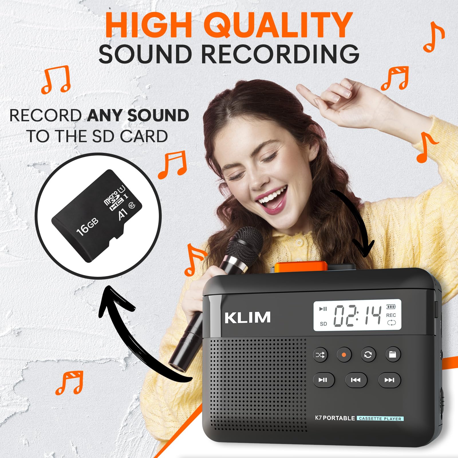 KLIM K7 Cassette Tape Player - Cassette to MP3 Converter - Portable - Built-in Microphone & Speaker - Rechargeable Battery - Earphones - 16GB SD Card - Black-Orange Black Orange - Image 4
