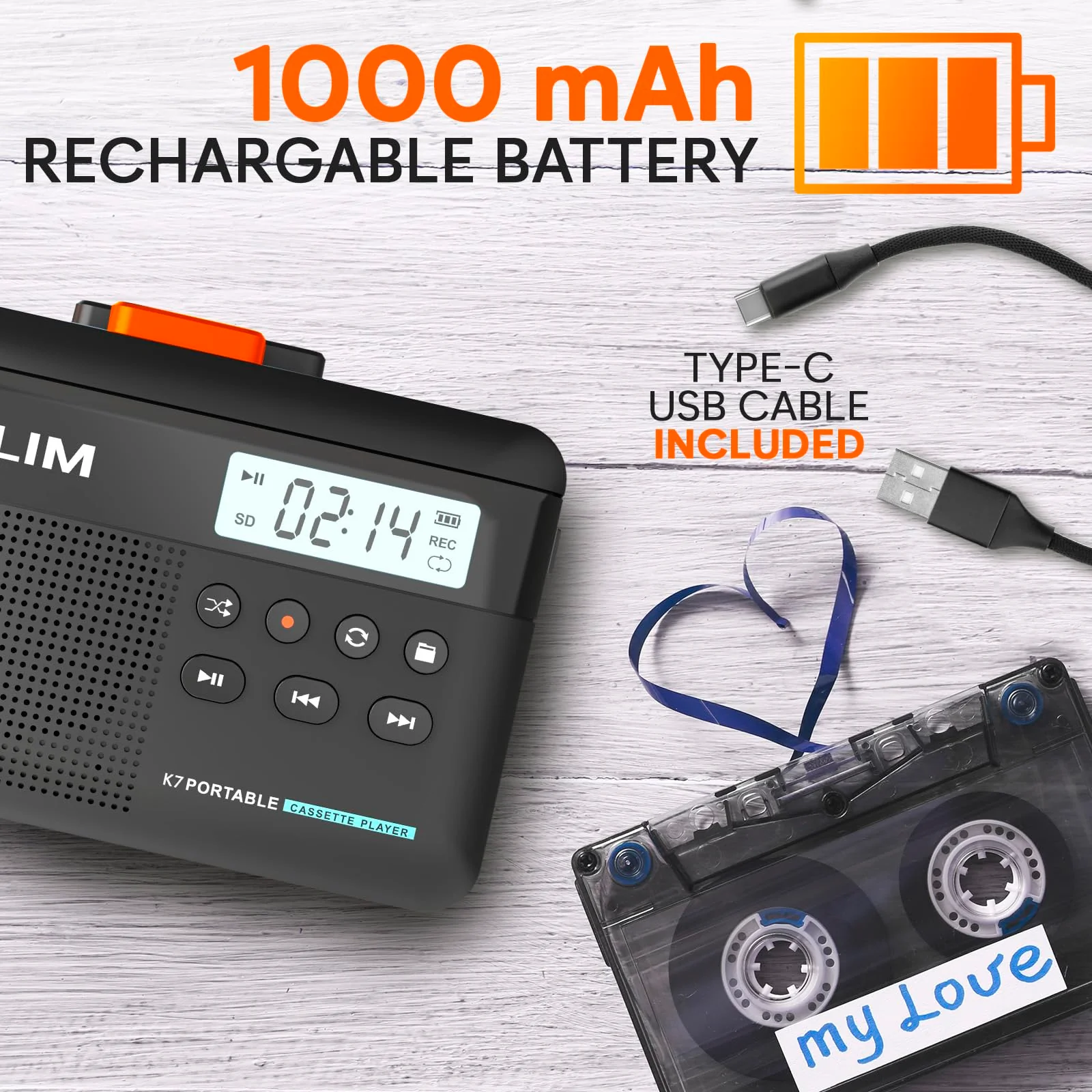 KLIM K7 Cassette Tape Player - Cassette to MP3 Converter - Portable - Built-in Microphone & Speaker - Rechargeable Battery - Earphones - 16GB SD Card - Black-Orange Black Orange - Image 5