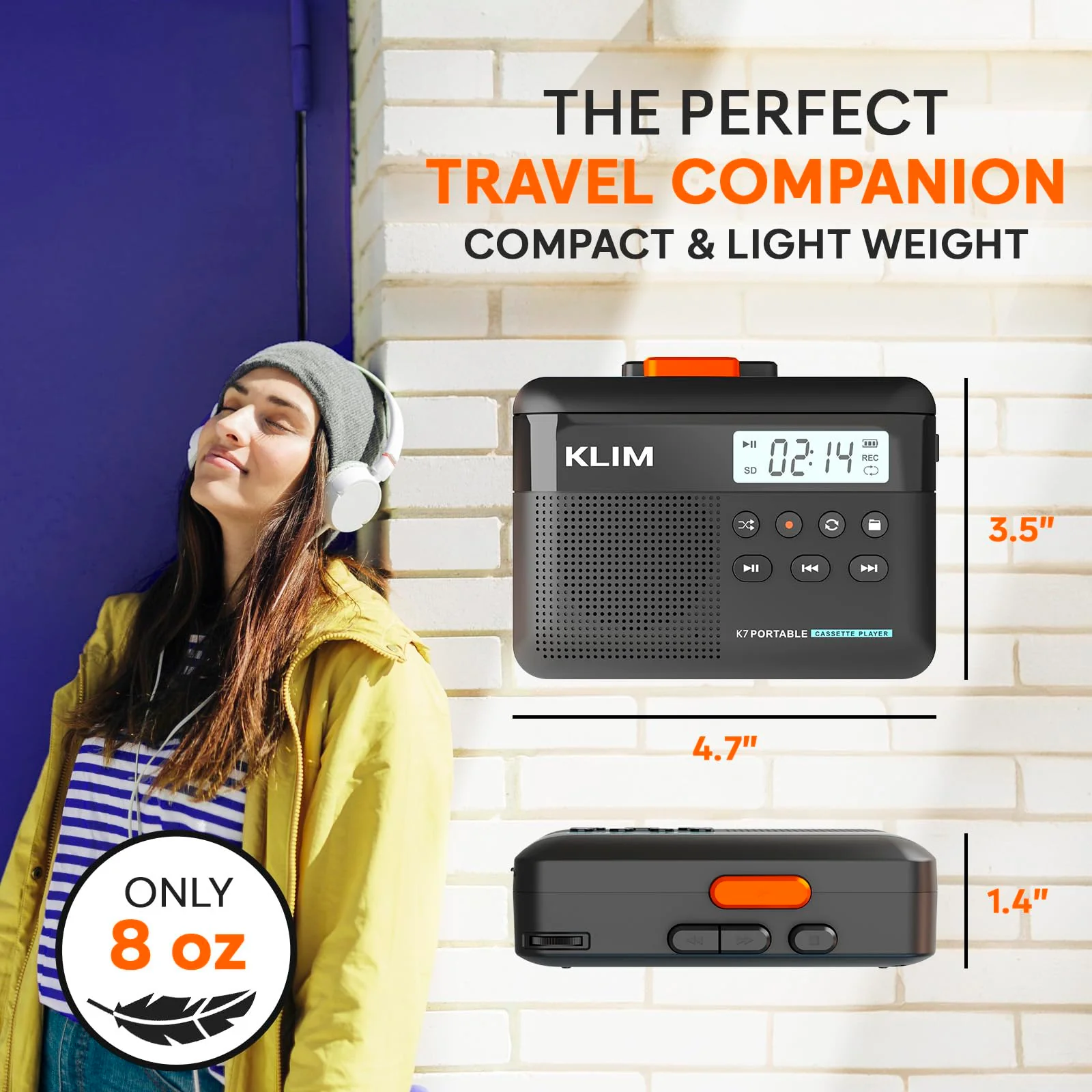 KLIM K7 Cassette Tape Player - Cassette to MP3 Converter - Portable - Built-in Microphone & Speaker - Rechargeable Battery - Earphones - 16GB SD Card - Black-Orange Black Orange - Image 7
